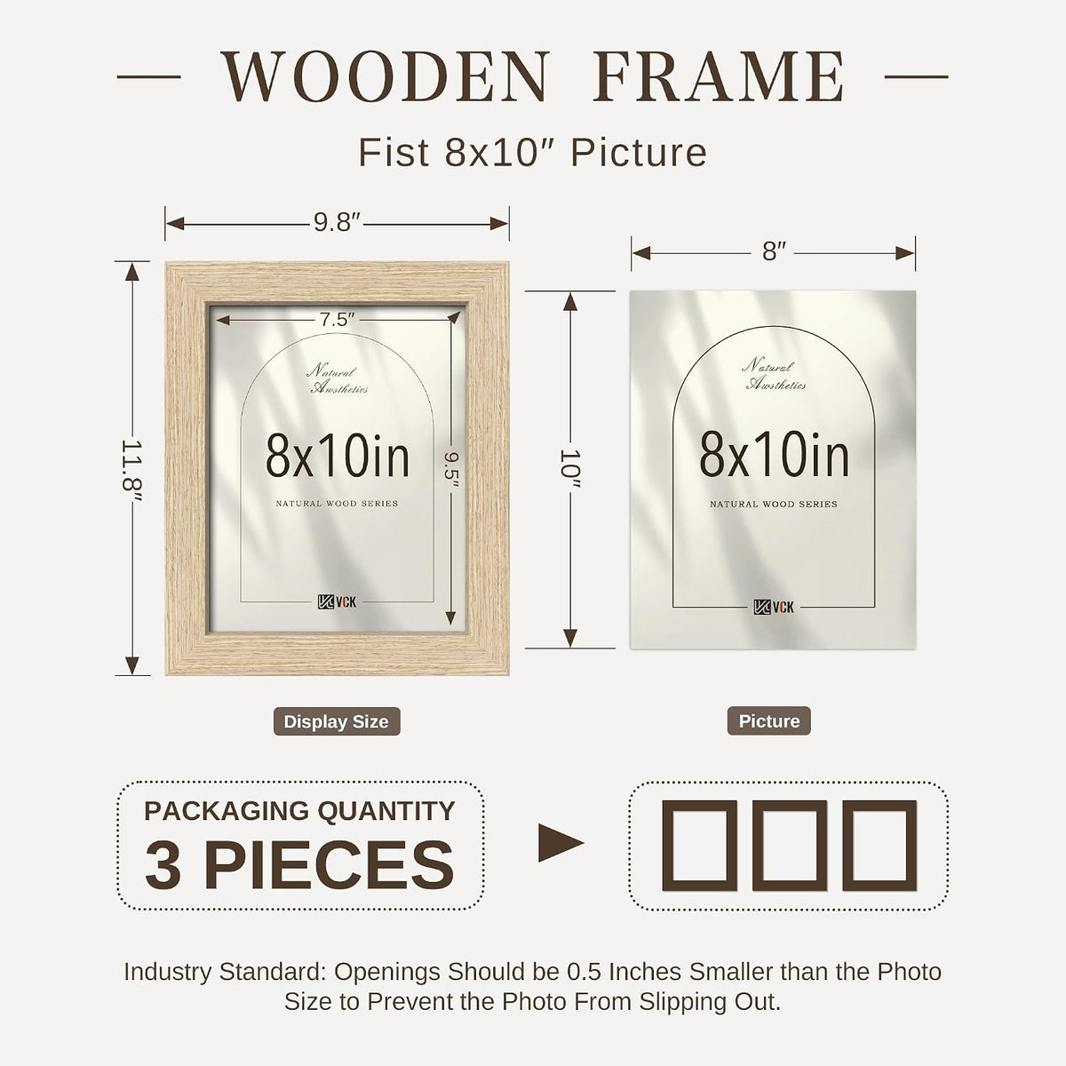 VCK 8x10 Picture Frames Set of 3, Oak Woodgrain, Wall & Tabletop Display | Wide Border, Natural Woodgrain, Shatterproof