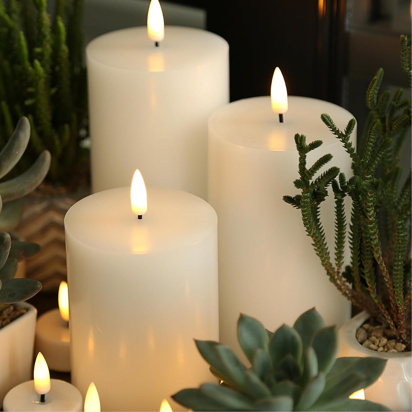 White Flameless Pillar Candles with Remote Set of 3 | Flickering LED Candles, 2 AA Battery Power, Flat Top Real Wax