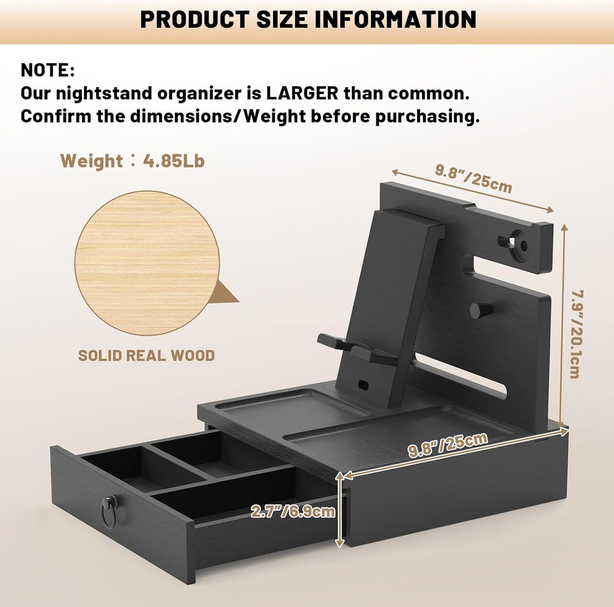Wood Phone Docking Station, Nightstand Organizer with Drawer | Bedside Table Organizer for Watch & Accessories