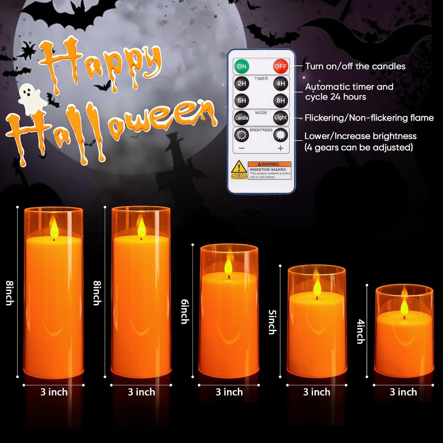 Homemory Halloween Orange Flameless Candles, Battery Operated LED Candles with Remote and Timer, Candles for Halloween