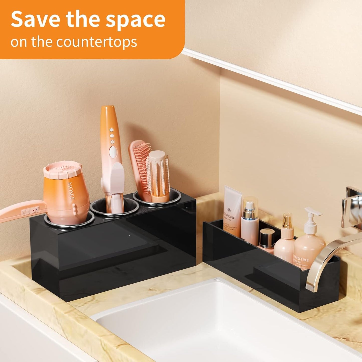 NIUBEE Acrylic Hair Tool Organizer,Hair Blow Dryer Holder with 3 Cups,Black | Acrylic Hot Tools Organizer,Hair