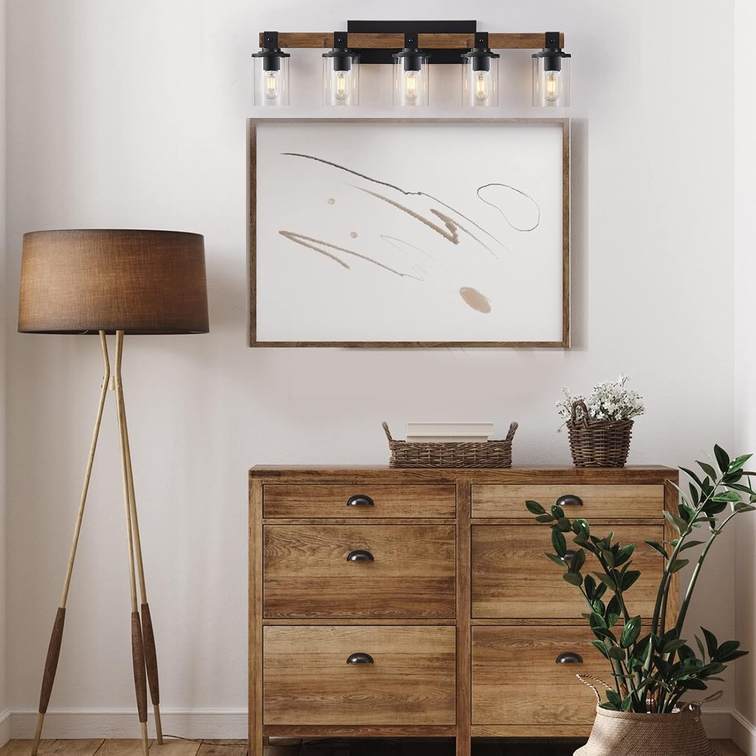 DUJAHMLAND Farmhouse Vanity Lights, 5-Light Wood Bathroom Wall Lighting with Clear Glass, Industrial Metal Wall Sconce
