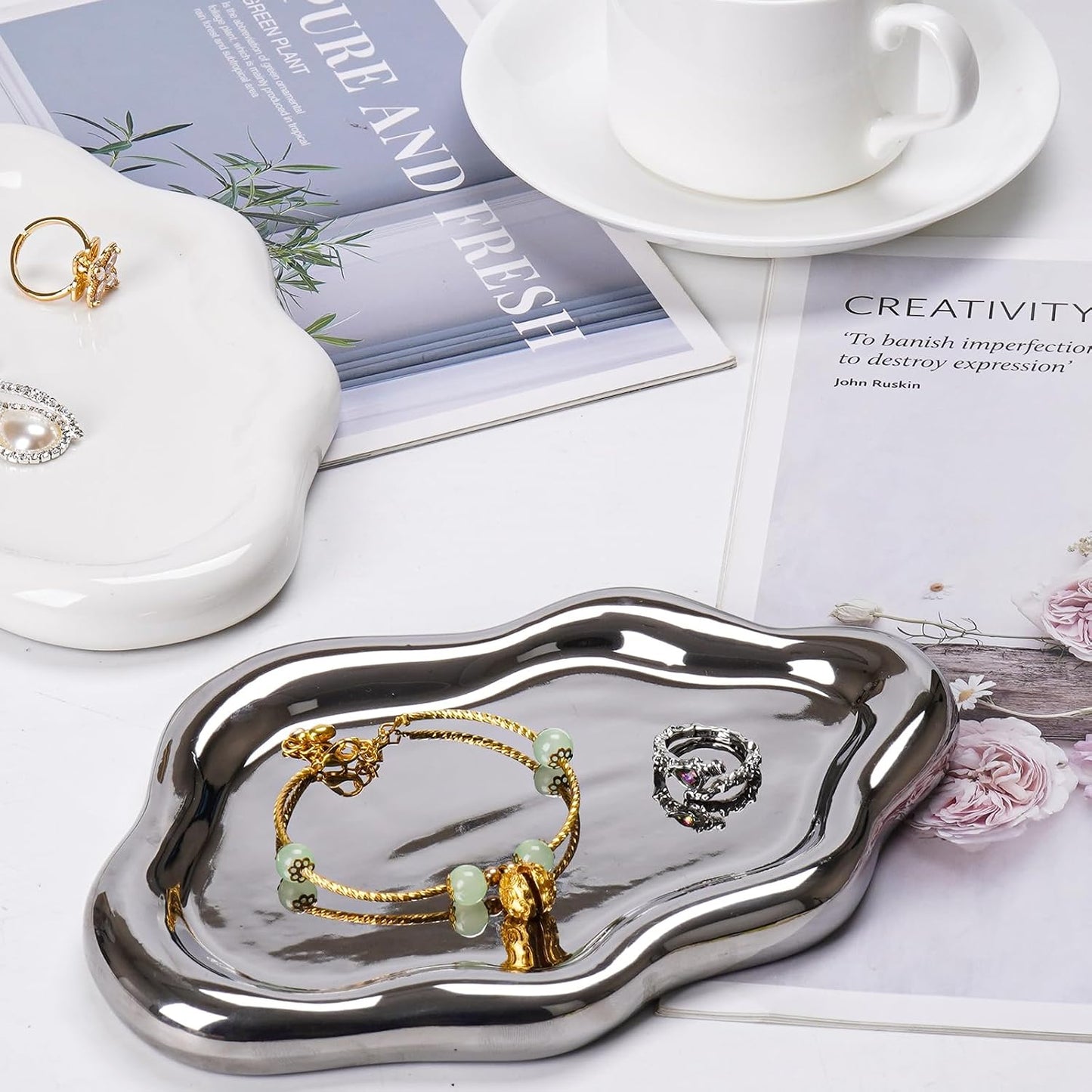 Ceramic Jewelry Tray Dish for Ring Key Trinket / Silver