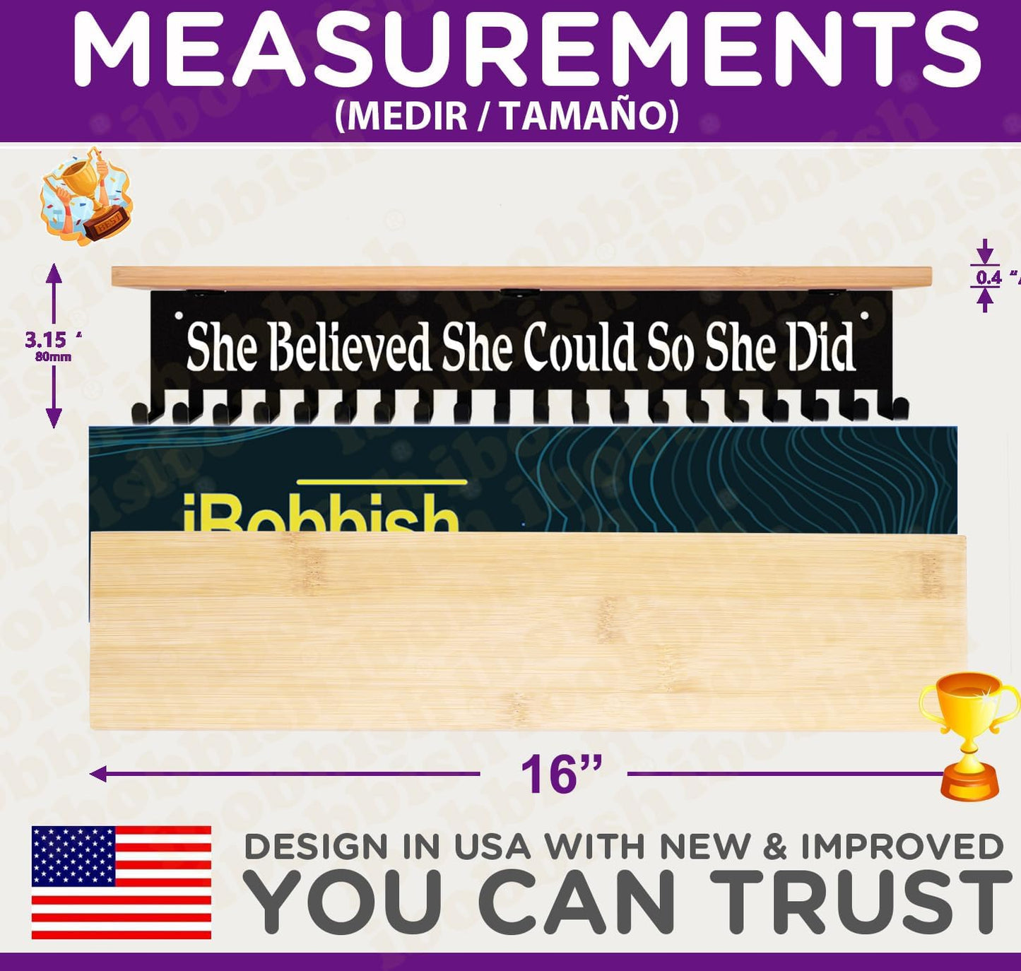 iBobbish Premium Trophy and Medal Display Shelf 16inchL,Metal Trophy Shelf with Hooks Upgraded,Large Bamboo Trophy