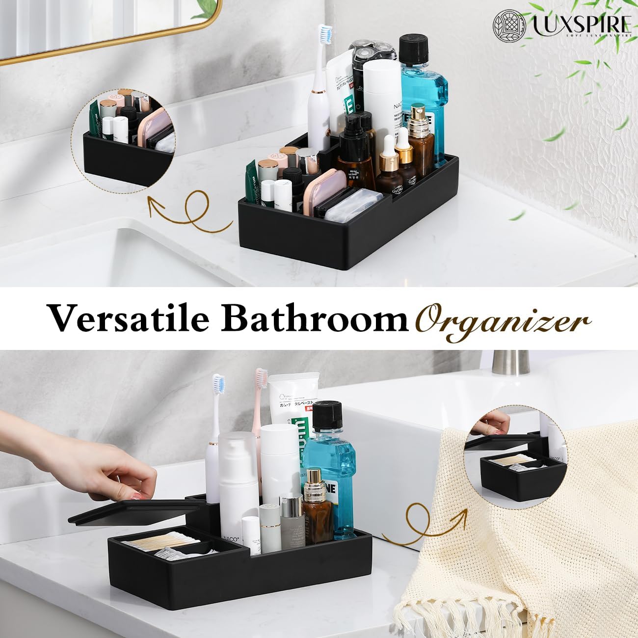 Luxspire Bathroom Counter Organizer with Lid, 6 Slots, Matte Black | Bathroom Vanity Organizer, Bathroom Organizer