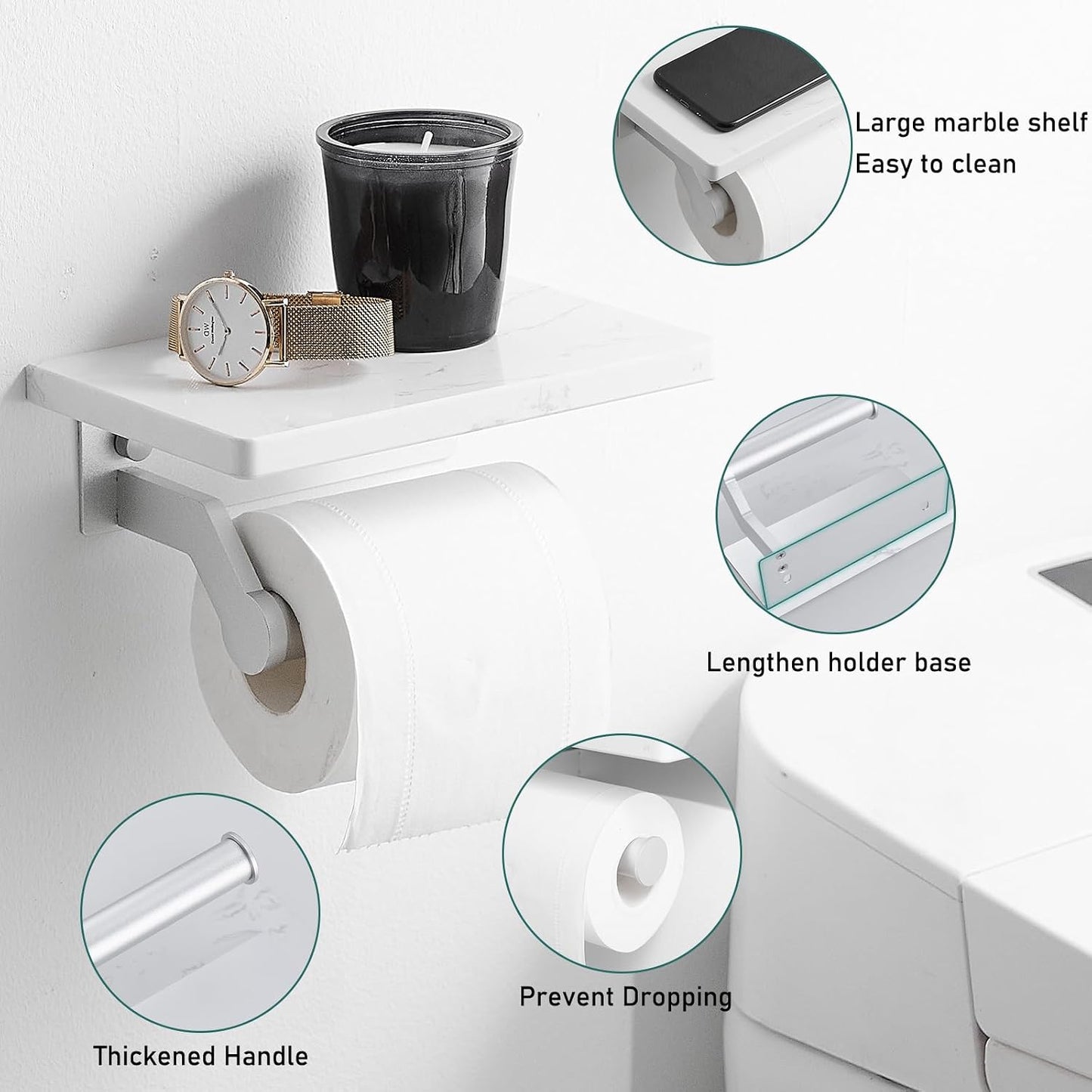 Hoimpro Toilet Paper Holder with Marble Shelf, Wall Mount Brushed Silver | White Natural Marble Phone Shelf Commercial