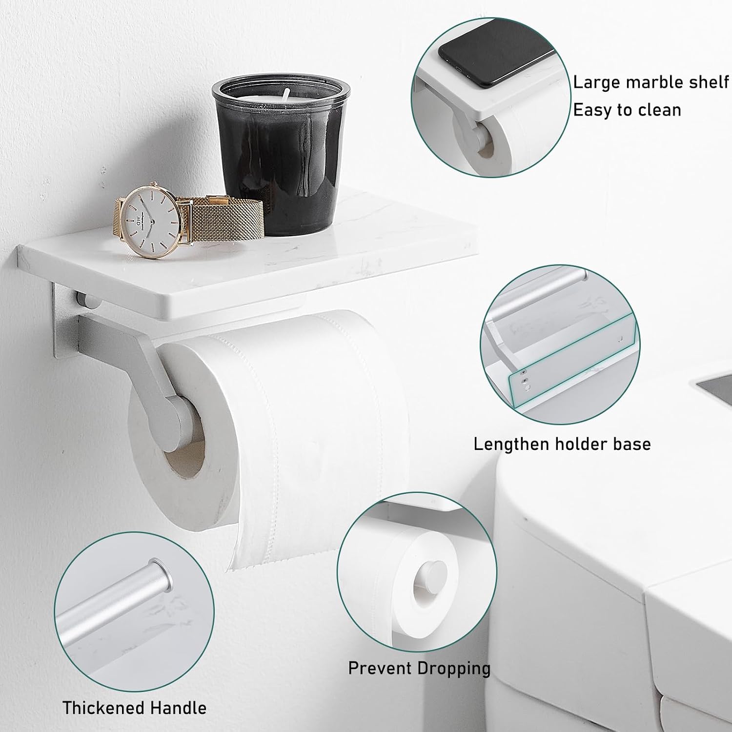Hoimpro Toilet Paper Holder with Marble Shelf, Wall Mount Brushed Silver | White Natural Marble Phone Shelf Commercial