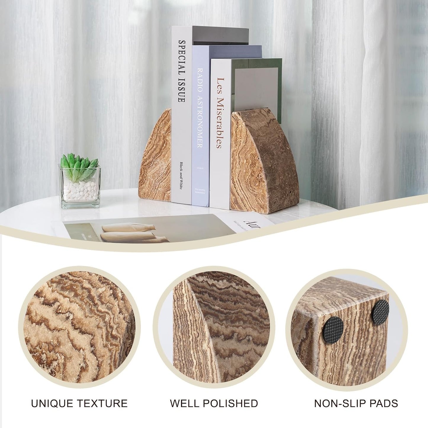 Travertine Bookends / Non-Slip Heavy Duty Book Stopper / Sail-brown Travertine