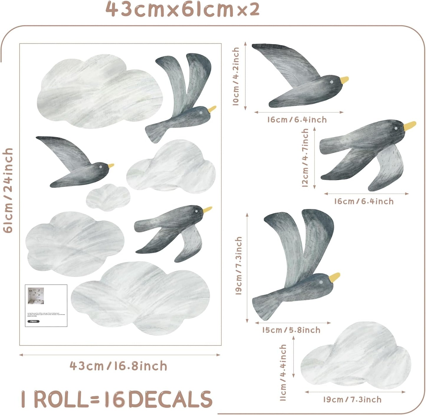 Seagull Wall Decals Self-Adhesive Fabric DIY Clouds Removable Wall Decals / Flying Birds / Set of 16