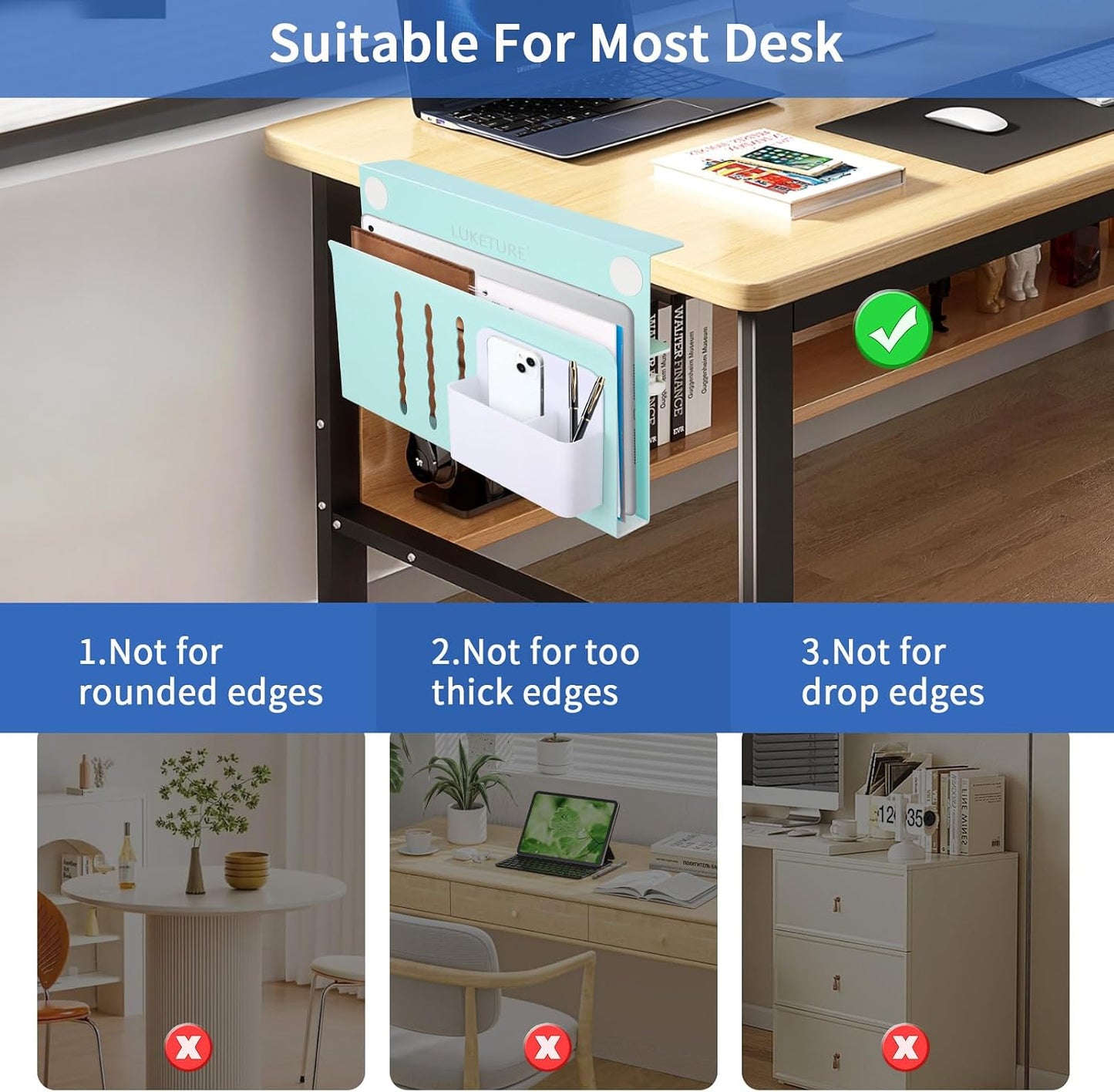 LUKETURE Desk Side Storage Laptop Holder No Drill Clamp On Organizer | Steel Side Desk Organizer, Clamp on Laptop Mount