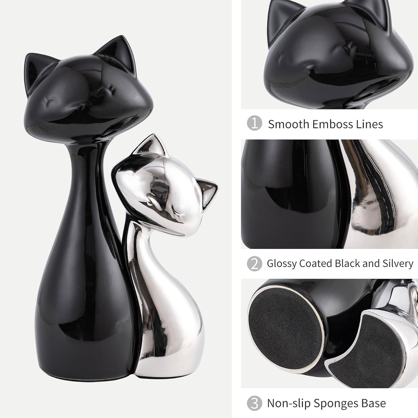 Ceramic Cat Statue / Black& Silver / Set of 2