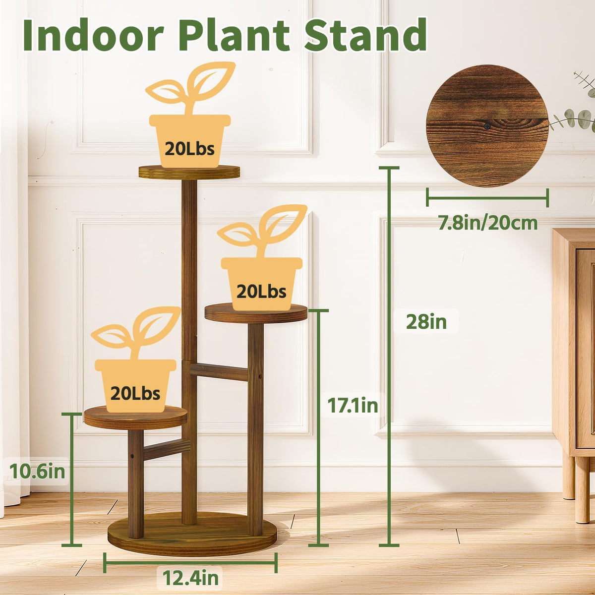 LASZOLA Wood Small Plant Stand Table Tall for Indoor Corner, 3 Tier Brown | Flower Pot Holder Rack for Multiple Plants