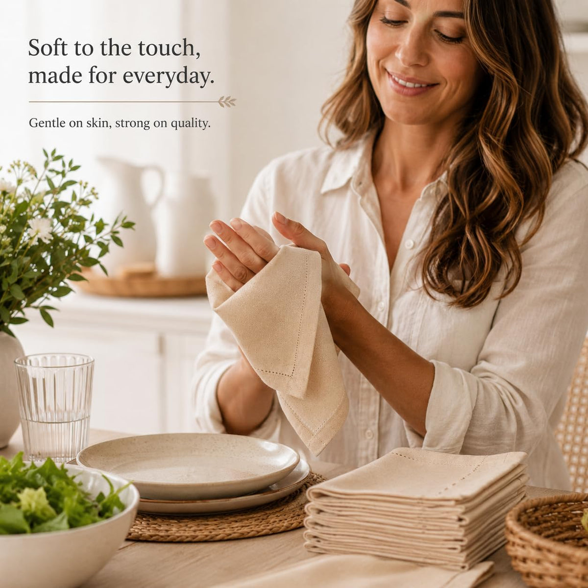 Alpha Living Home Linen Cloth Napkins, Natural, 18x18 in, 12-Pack | Flax cotton blend, hemstitched edges, mitered
