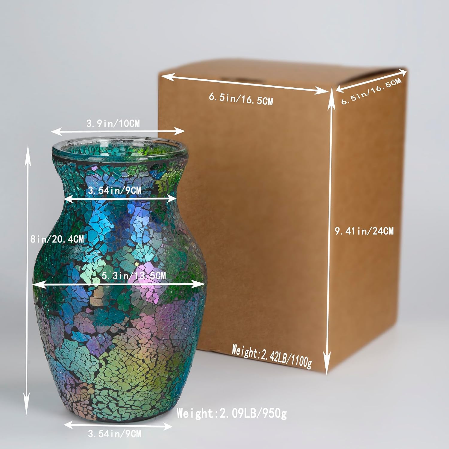 8" Iridescent Crackle Glass Vase / Iridescent Green
