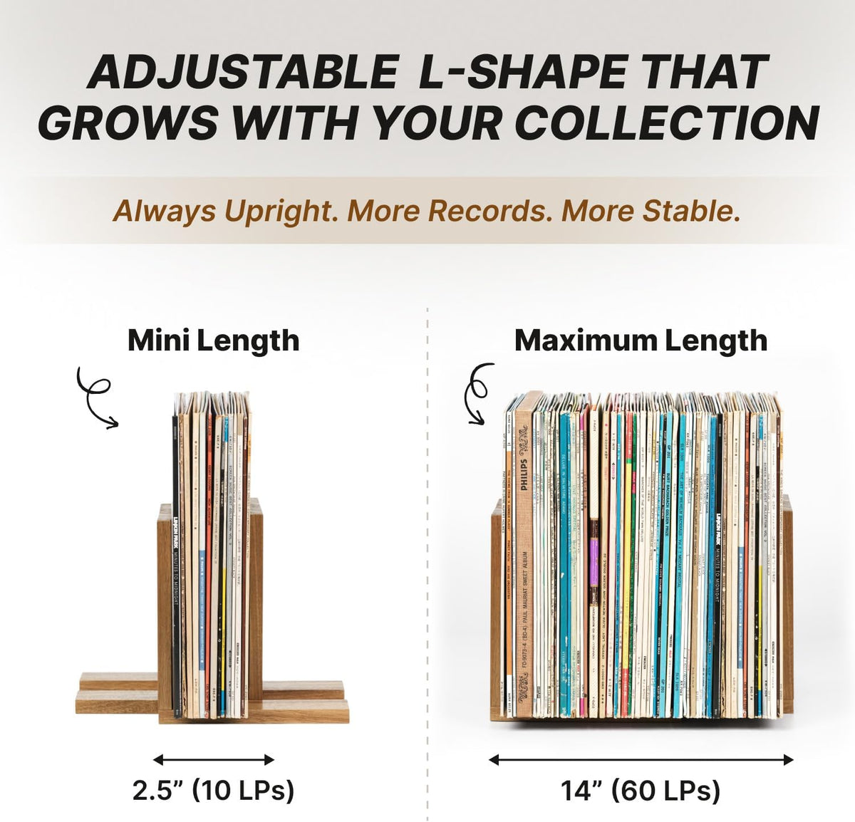 Adjustable Vinyl Record Holder to Keep Records Upright, Holds 20–60 LPs, Solid Acacia Wood Album Stand, Modern