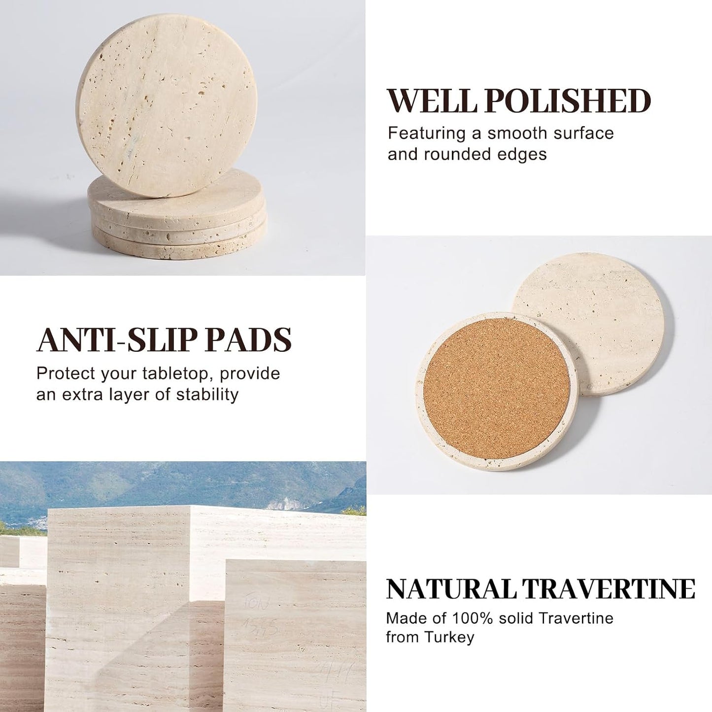 4" Round Stone Coasters Set Heat Resistant / Travertine / Set of 4