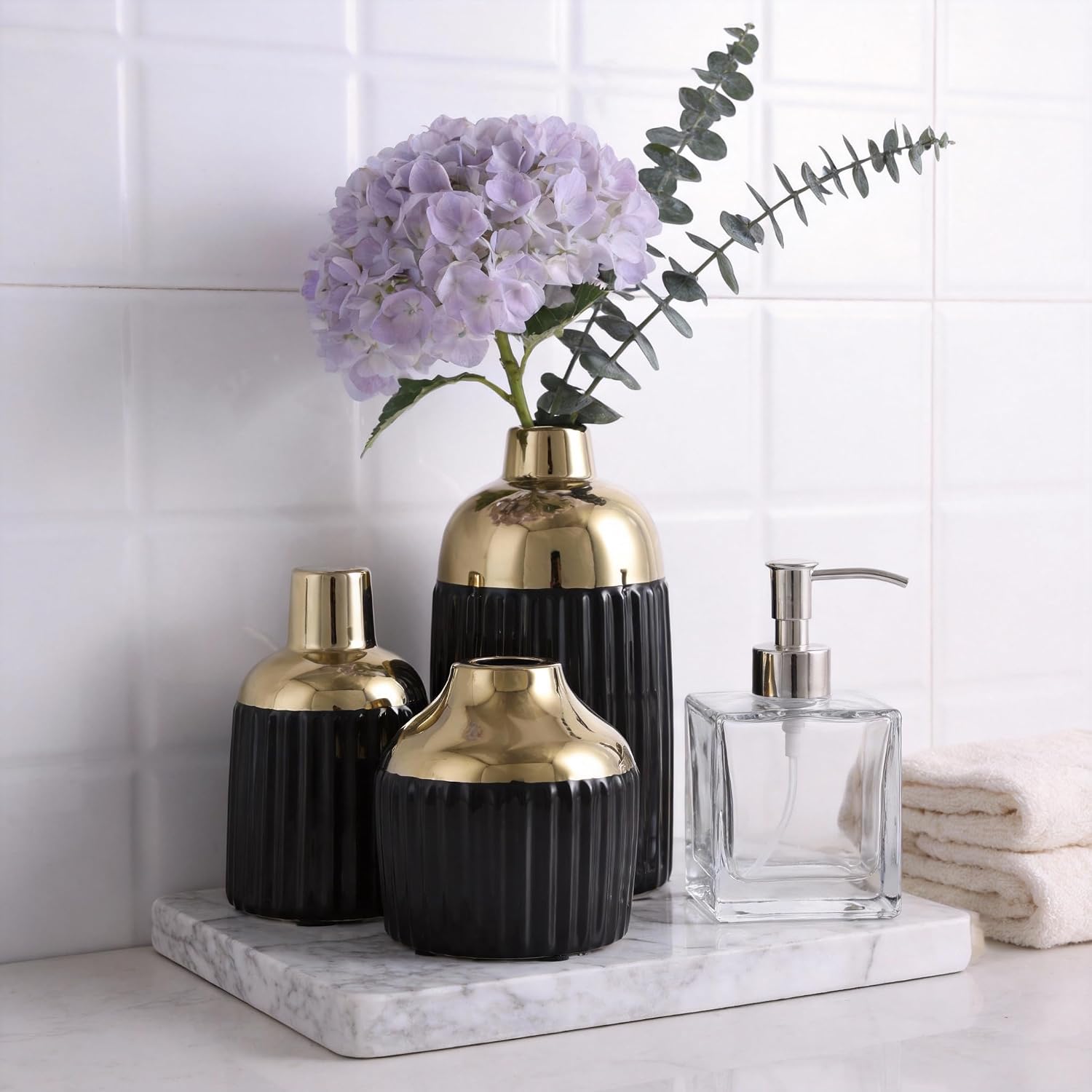 Gold Ceramic Vase 3-Piece Set / Bg / Black
