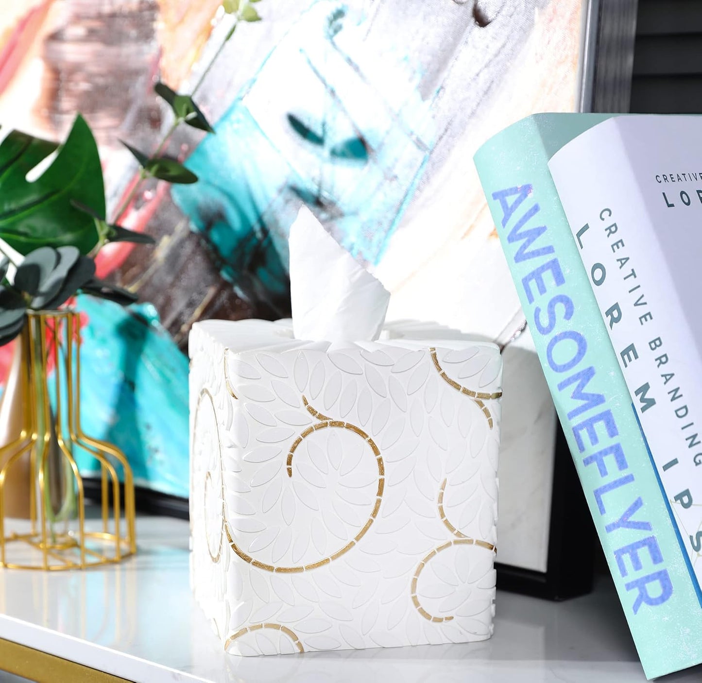Modern Square Tissue Box Cover Holder / Leaf White