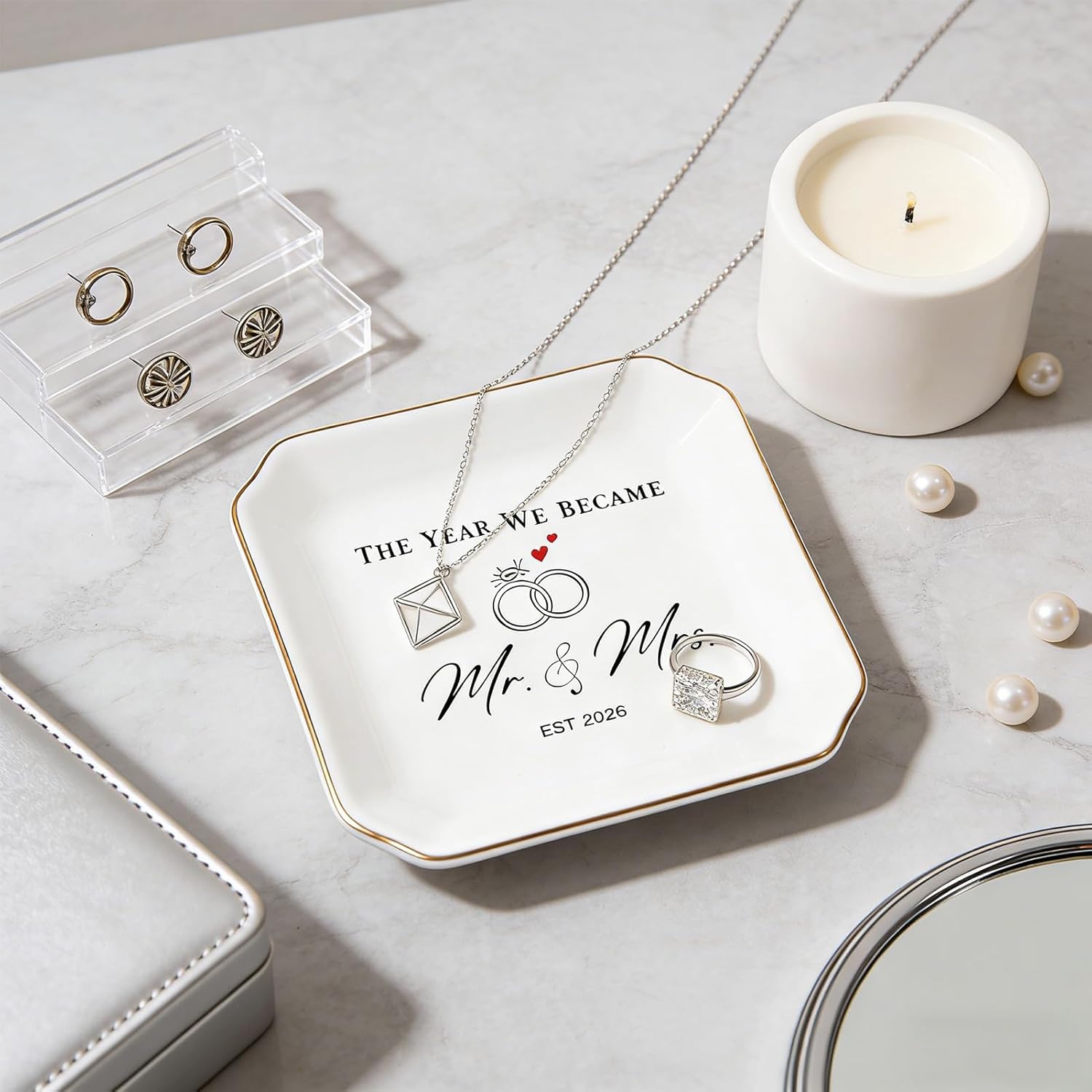 Elegant Ceramic Ring Holder for Engagement / The Year We Became Mr & Mrs 2026 -YX