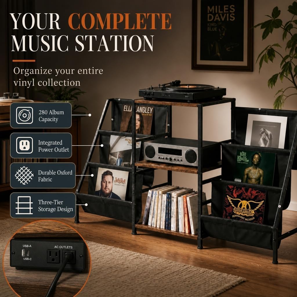 Record Player Stand with Storage, Vinyl Record Holder with Power Outlet | Holds 280 Albums, Vinyl Record Storage