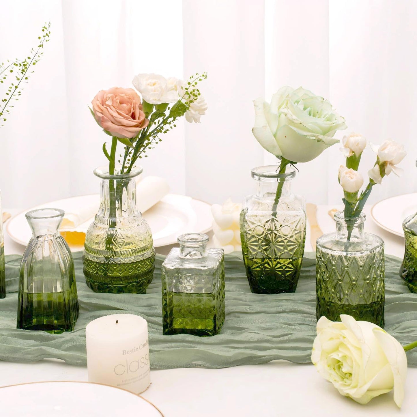Clear Glass Bud Vase Pcs / Gradient Green / Set of 12