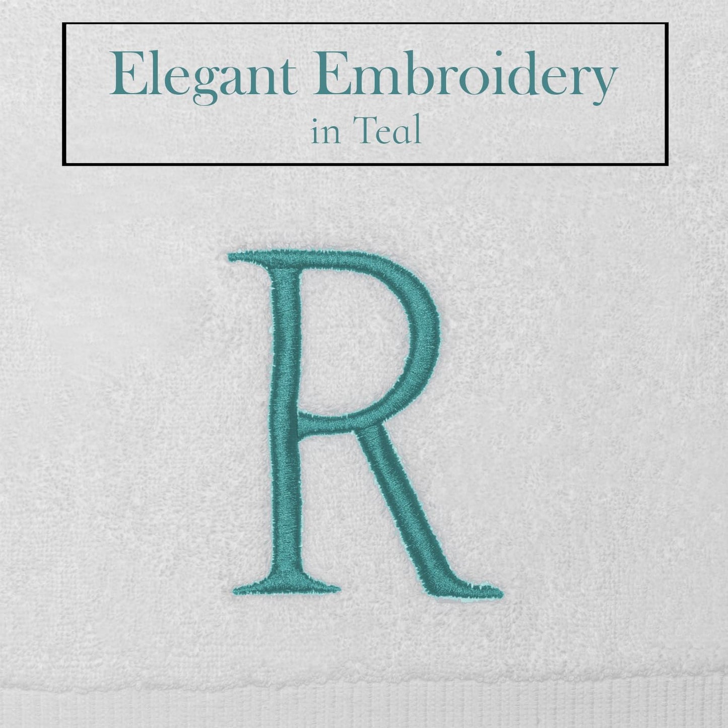 White with Teal Monogrammed Hand Towels for Bathroom - Set of 2 Letter R | Luxury Hotel Quality Initial Towels For