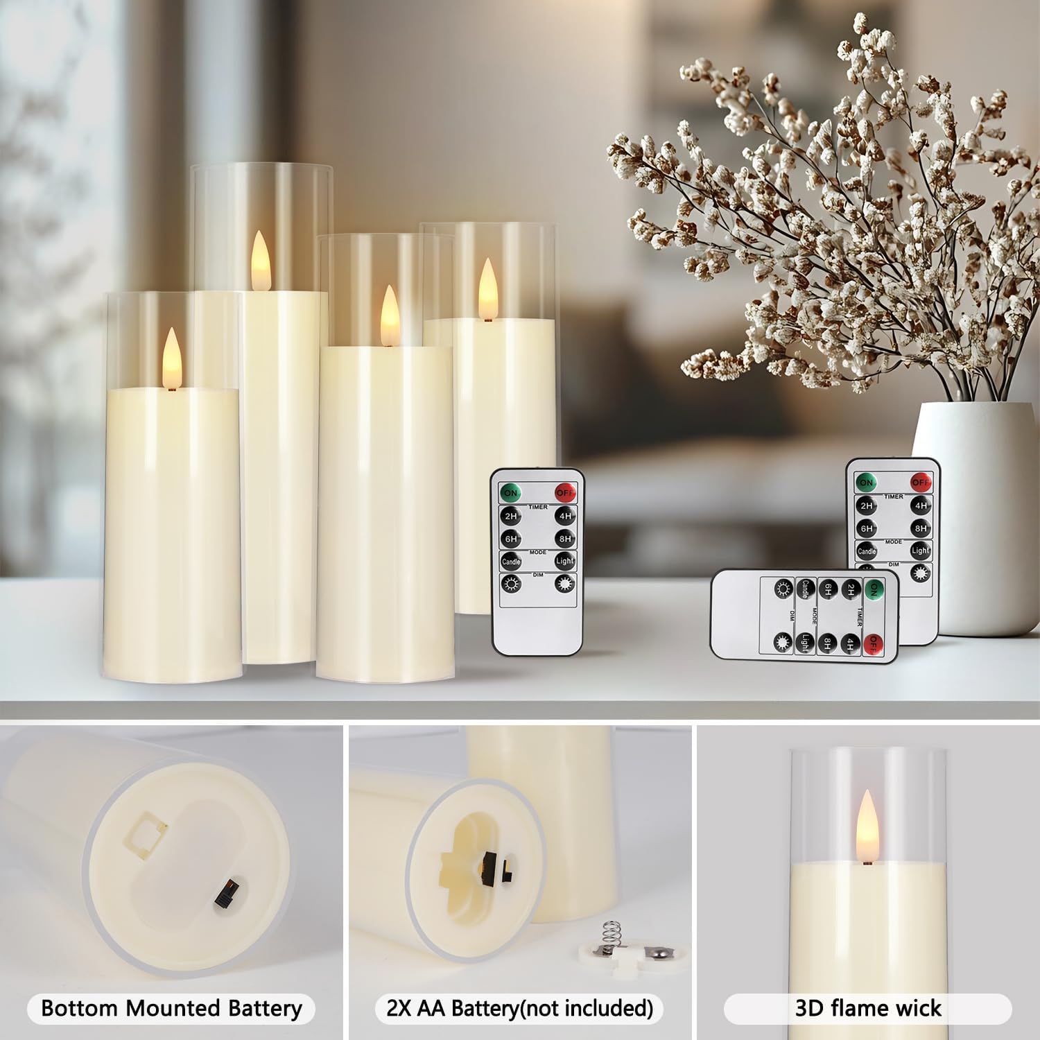 YOROXRG Flickering Flameless Candles Battery Operated with Remote and 2/4/6/8 H Timer Plexiglass LED Pillar Candles