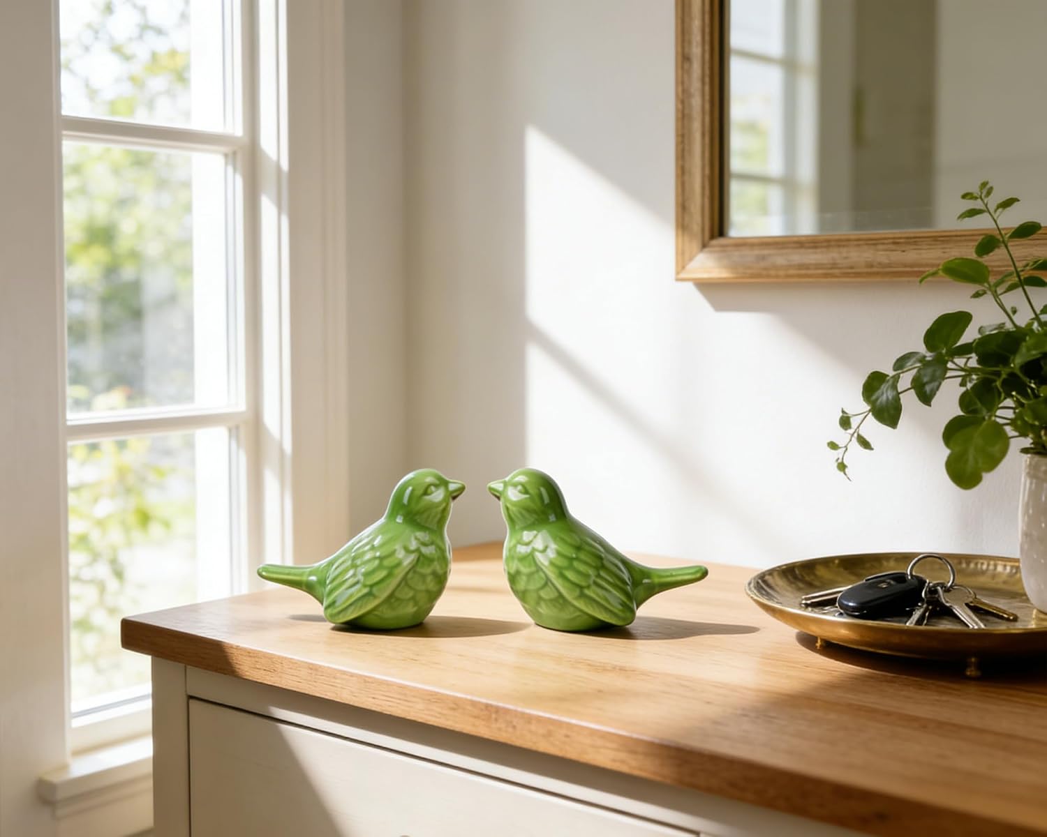 Ceramic Bird Figurines / Green / 3.75 Inch / Set of 2
