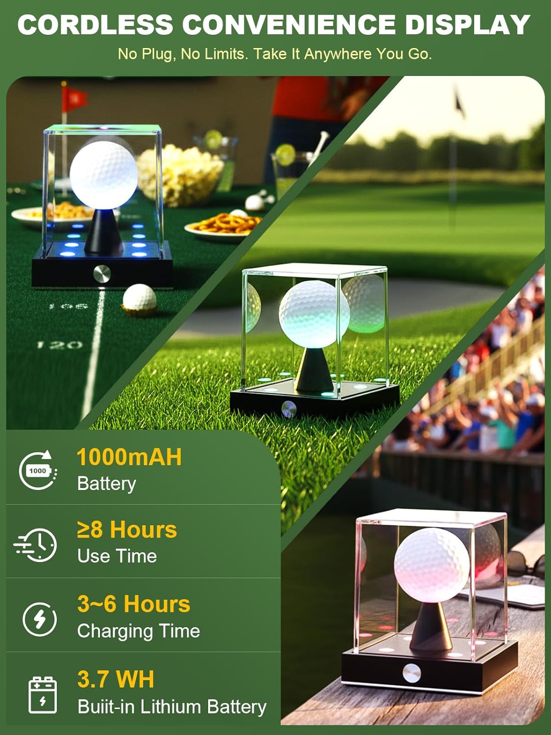 Cordless LED Golf Ball Display Case, Clear Acrylic Single Golf Ball Stand with 10 Color Light up, Autograph Cube