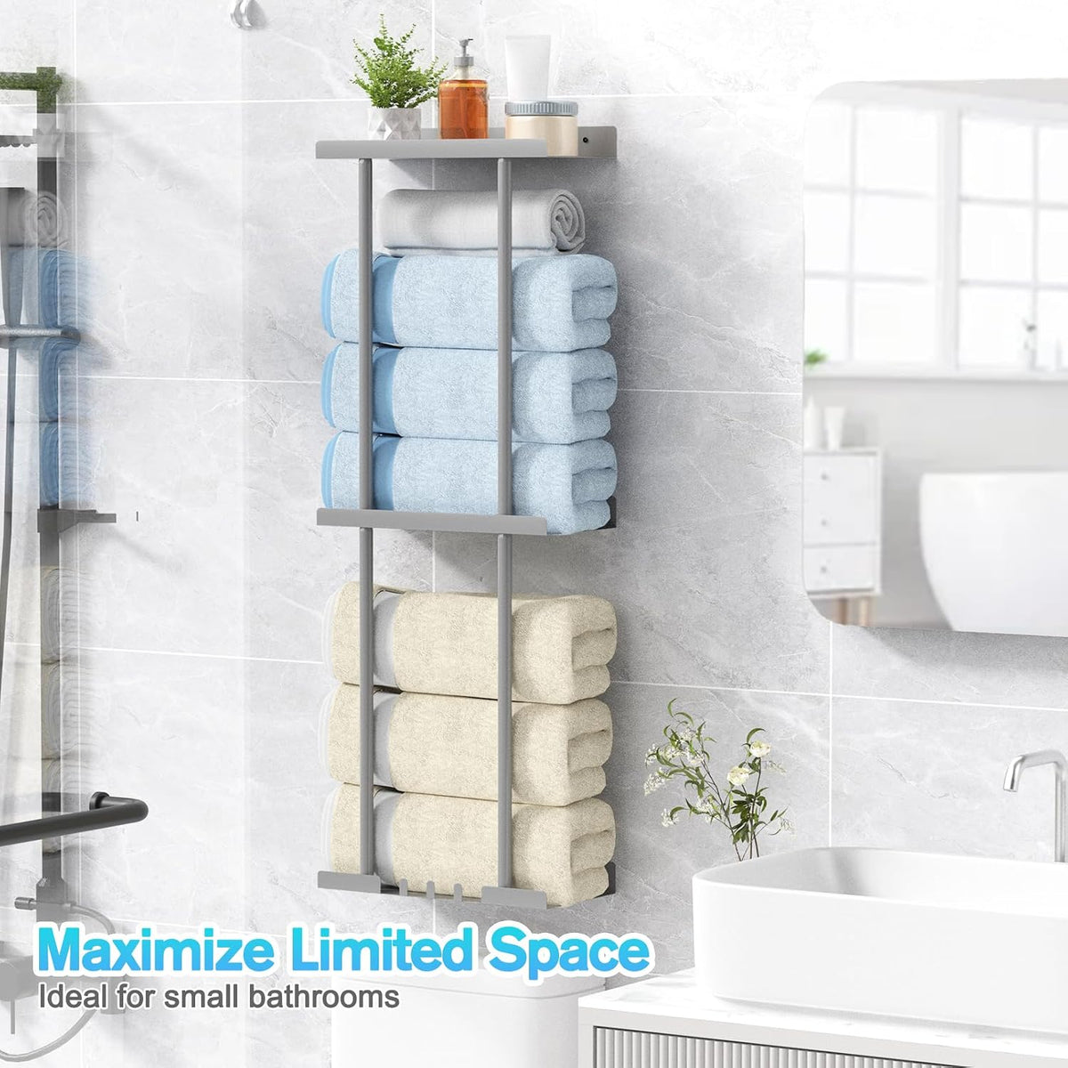 Liuoud Towel Rack for Bathroom, Wall Mounted Bath Towel Holder Storage Organizer for Rolled Towels, Vertical Towel Rack