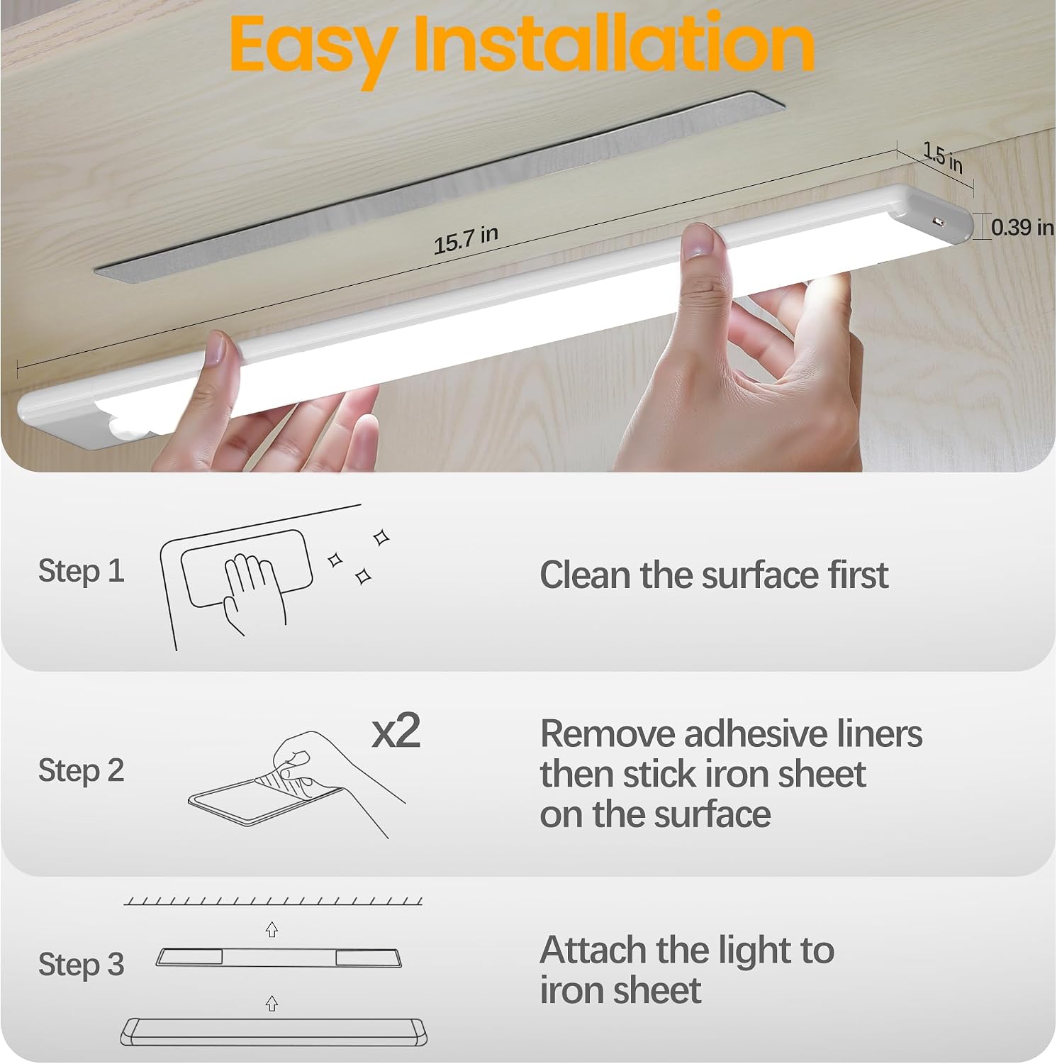 15.7 inch Motion Sensor Under Cabinet Light, 5-Pack, 3 Color | Dimmable, Rechargeable, Magnetic Closet Light, Wireless