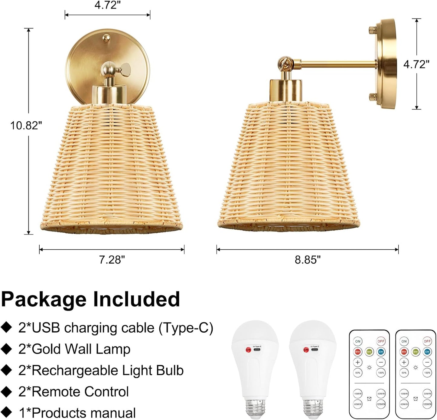 Frideko Rattan Rechargeable Battery Operated Wall Sconces Set of Two with Remote, 3 Colors Dimmable Wireless Wall