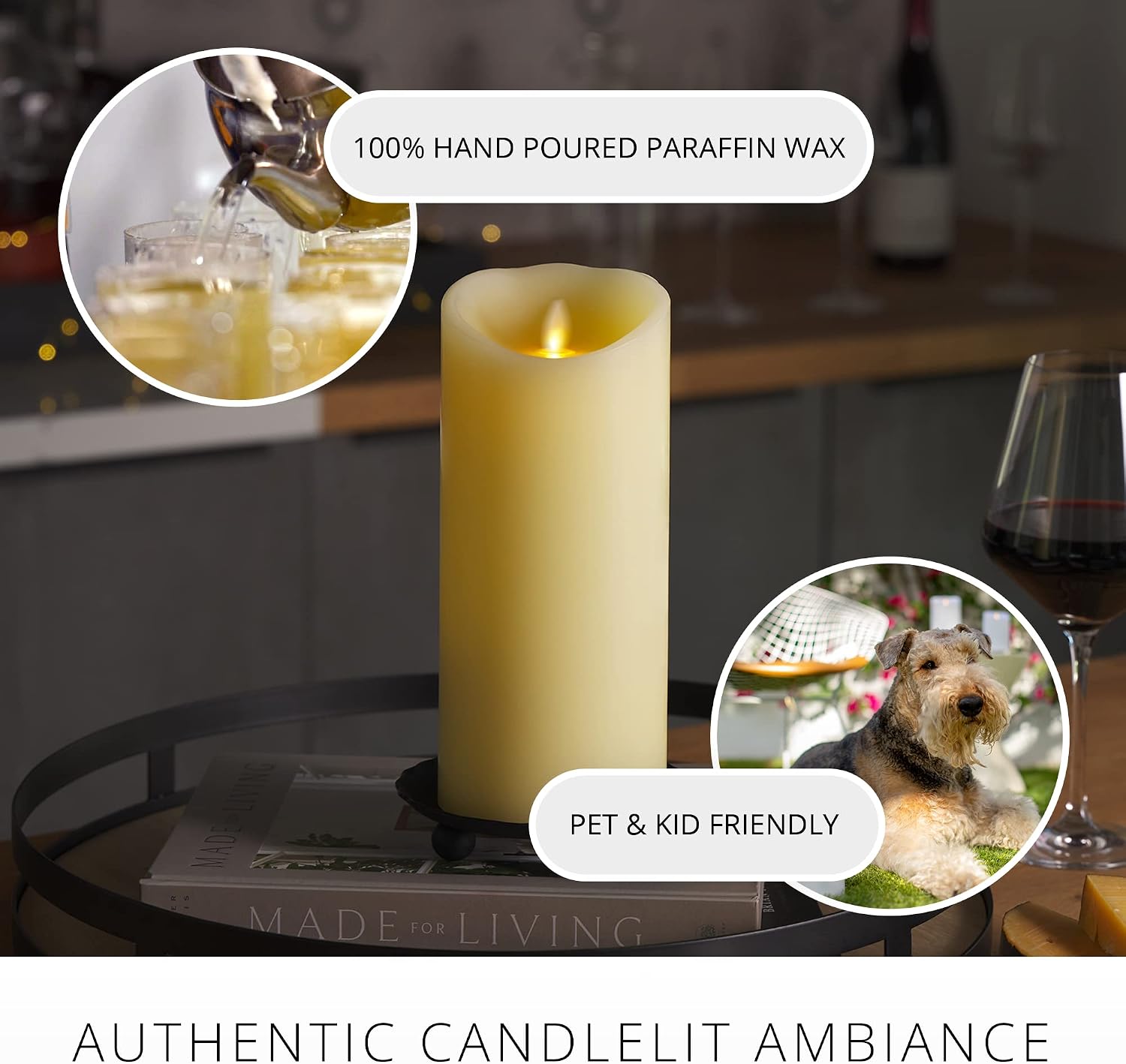 Luminara Scalloped Edge Flameless LED Candle - Ivory 4" x 9" - Real Wax Pillar Battery Operated Moving Flame w/Timer