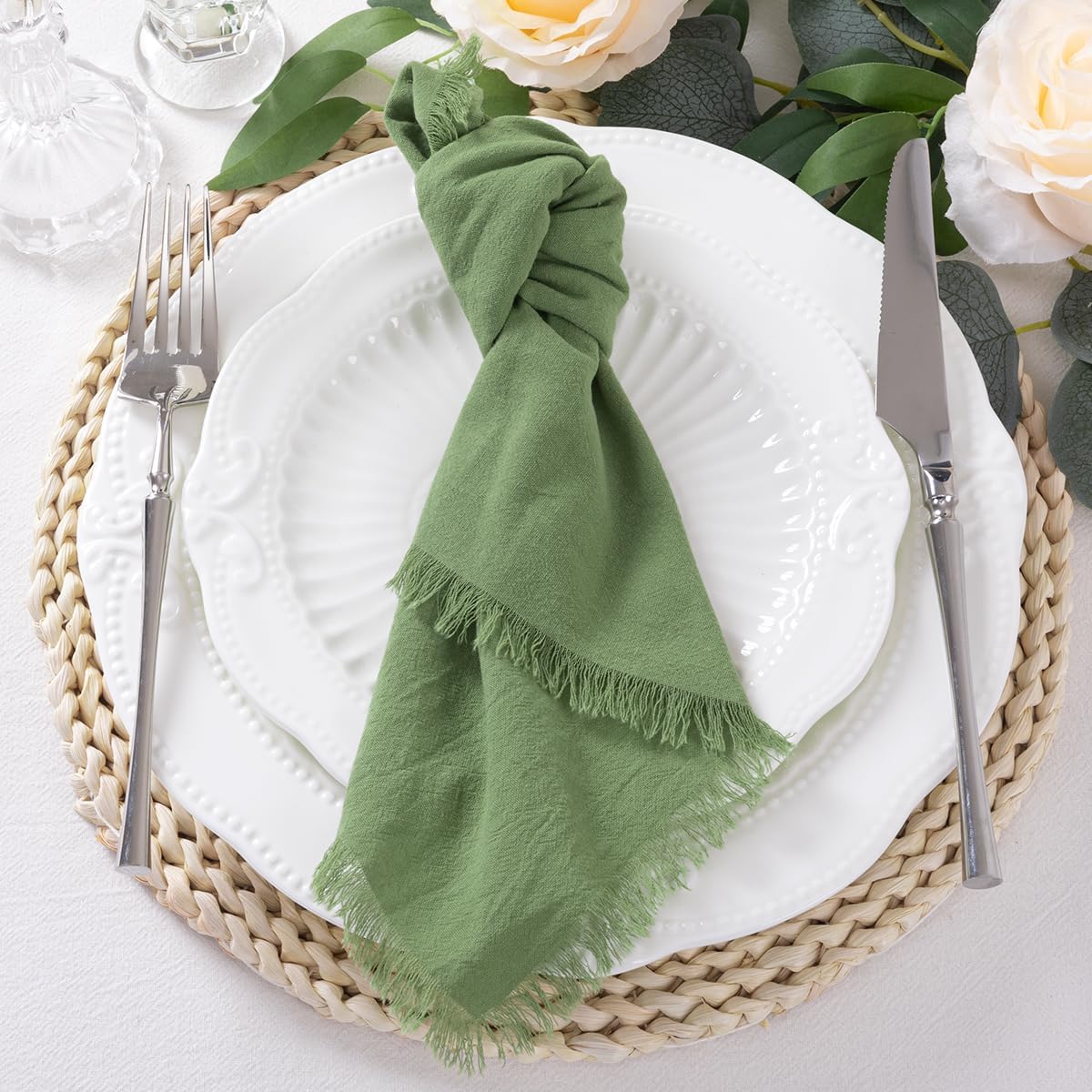 DeZerlor Sage Green Summer Cotton Linen Washable Cloth Napkins Set of 12 | Reusable Boho Handmade Table Napkins Bulk
