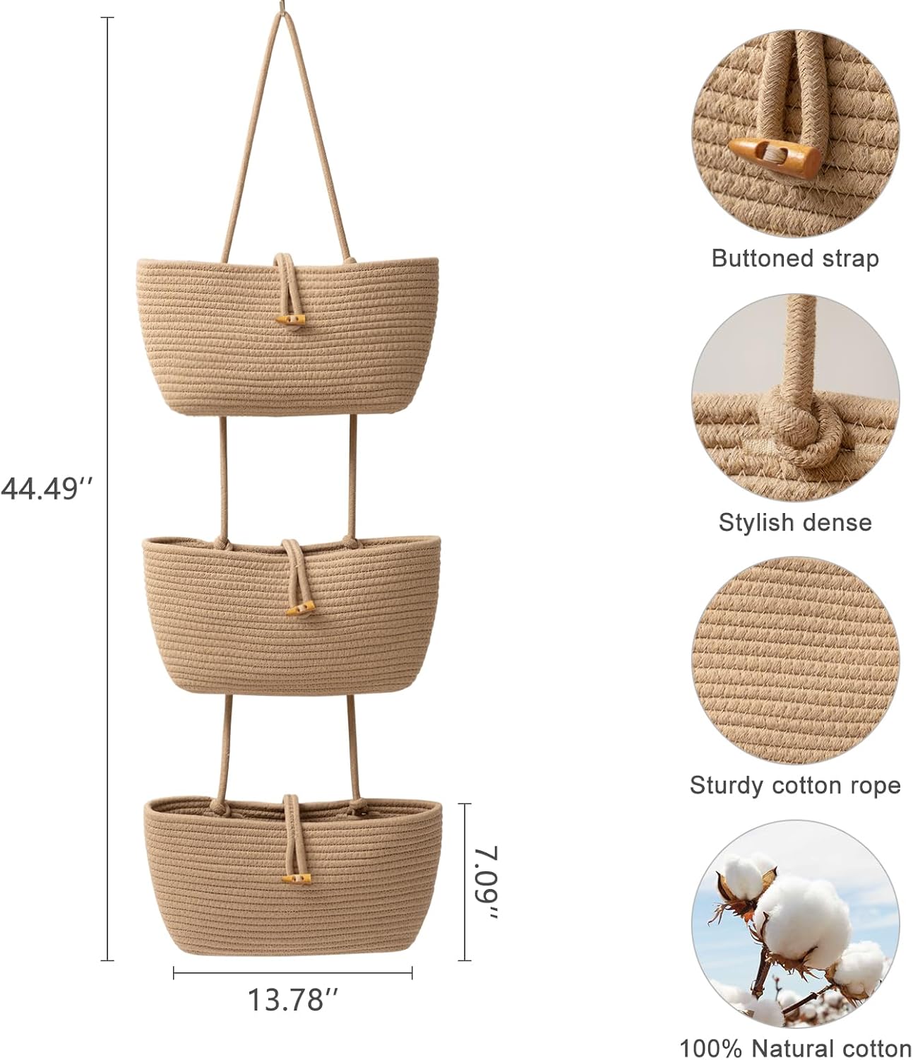 3-Tier Cotton Rope Baskets / Jute / 3 Tier+button
