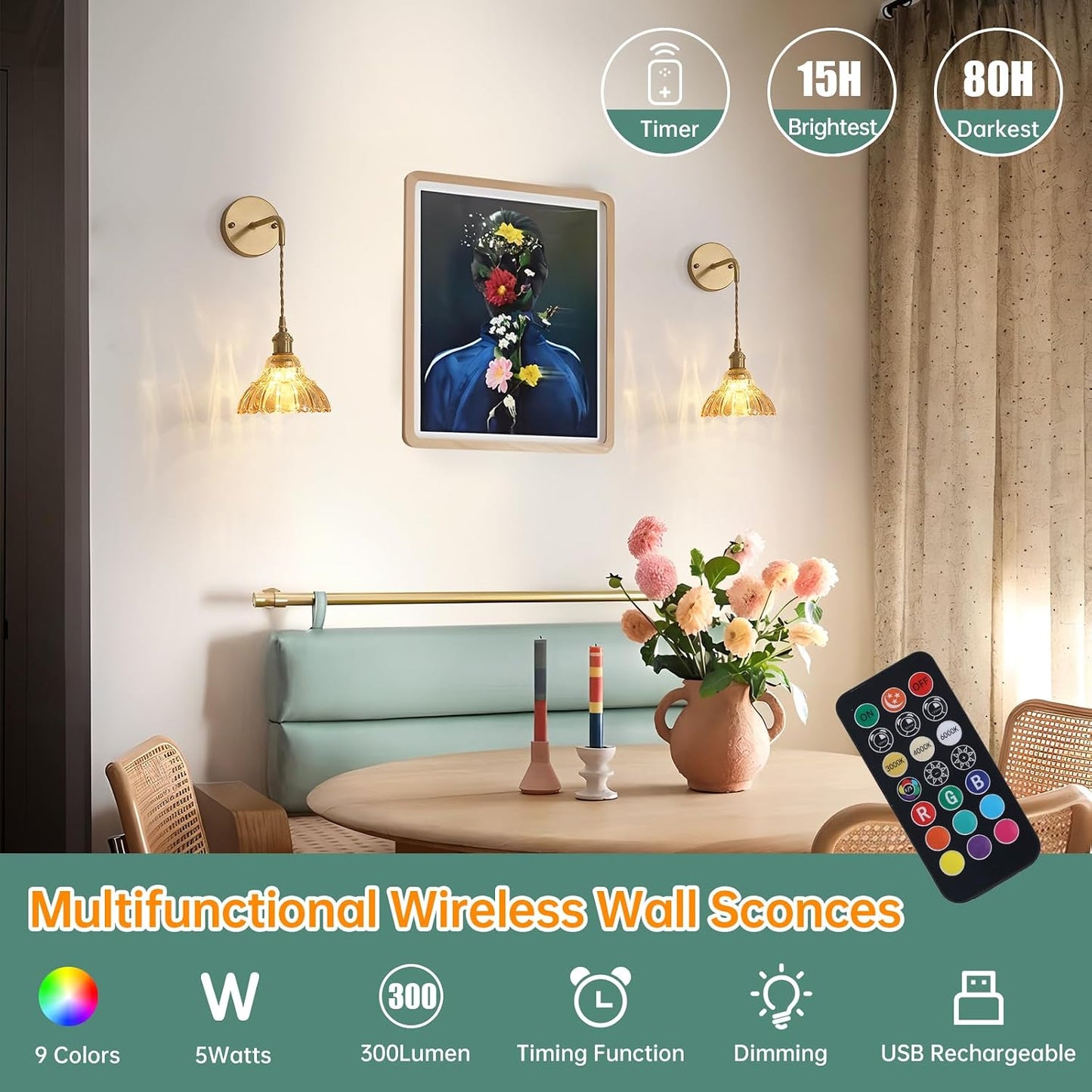 Shenmoyl Battery Operated Wall Sconce Wall Lamp with Amber Lily of the Valley Shade Pattern Glass Adjustable Chain