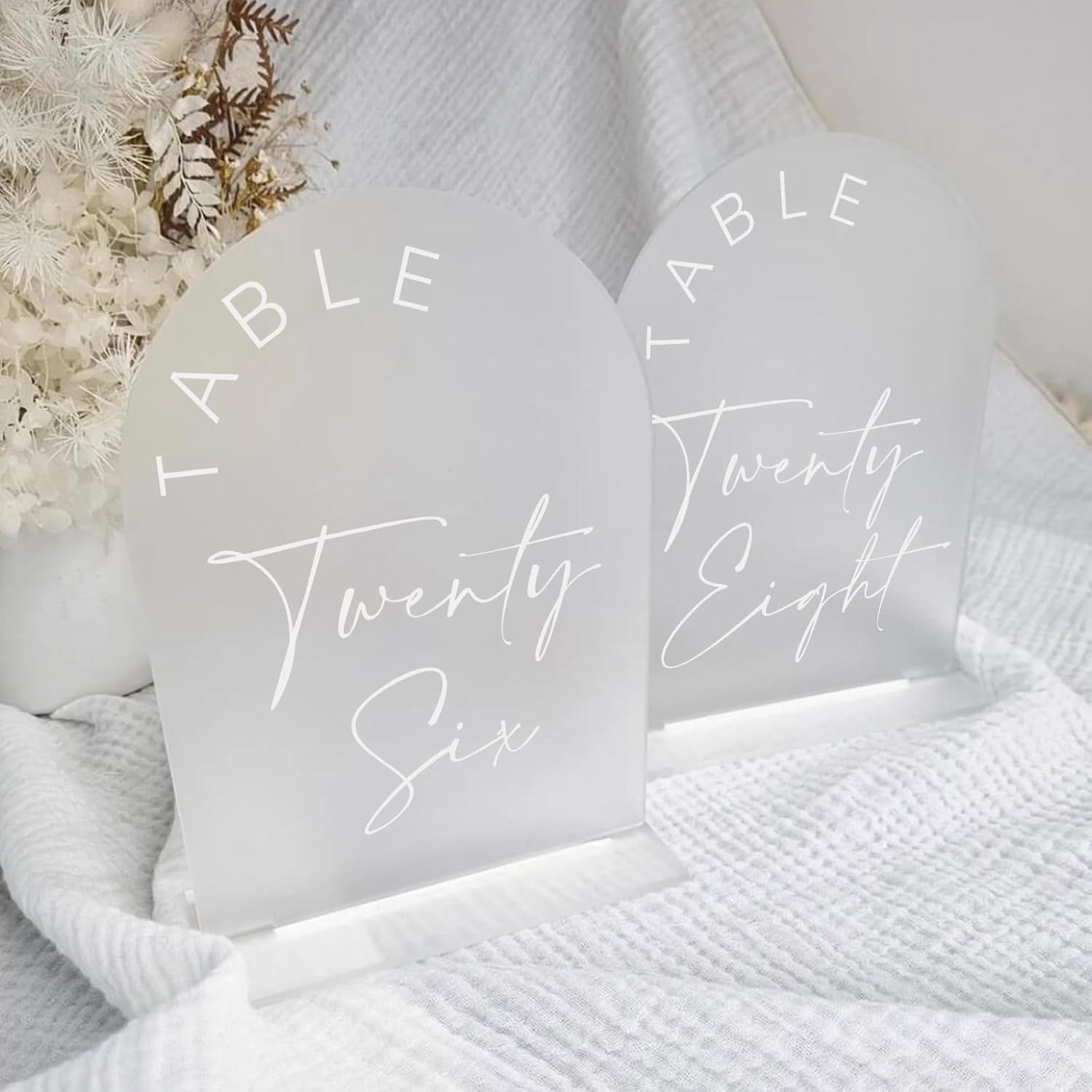 Frosted Arch Wedding Table Numbers 1-20 with Stands, 5x7 Inch Frosted Arch Acrylic Sign with White Letters, Arched