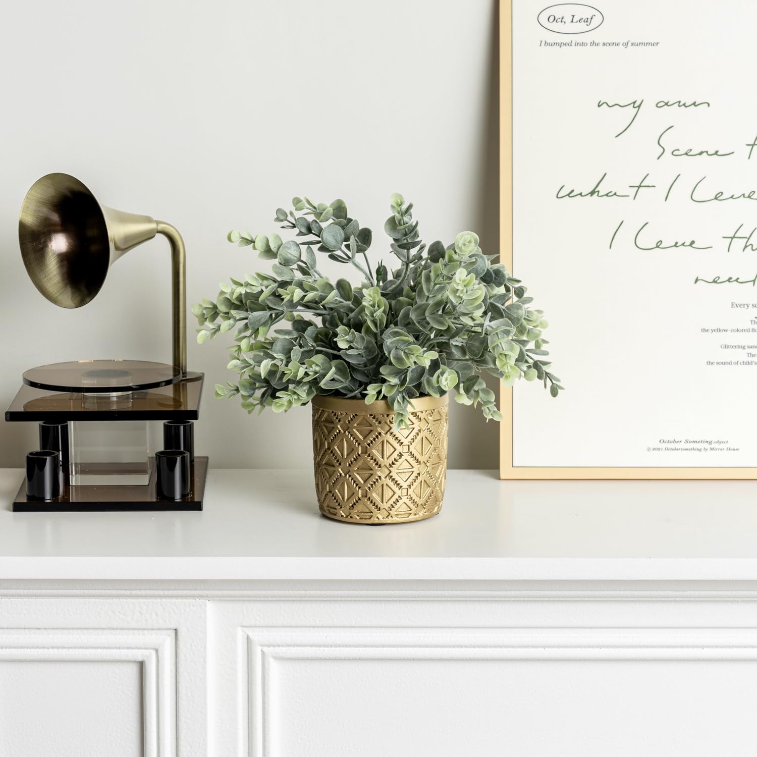 Artificial Eucalyptus Plant in Modern Gray Concrete Pots / Gold