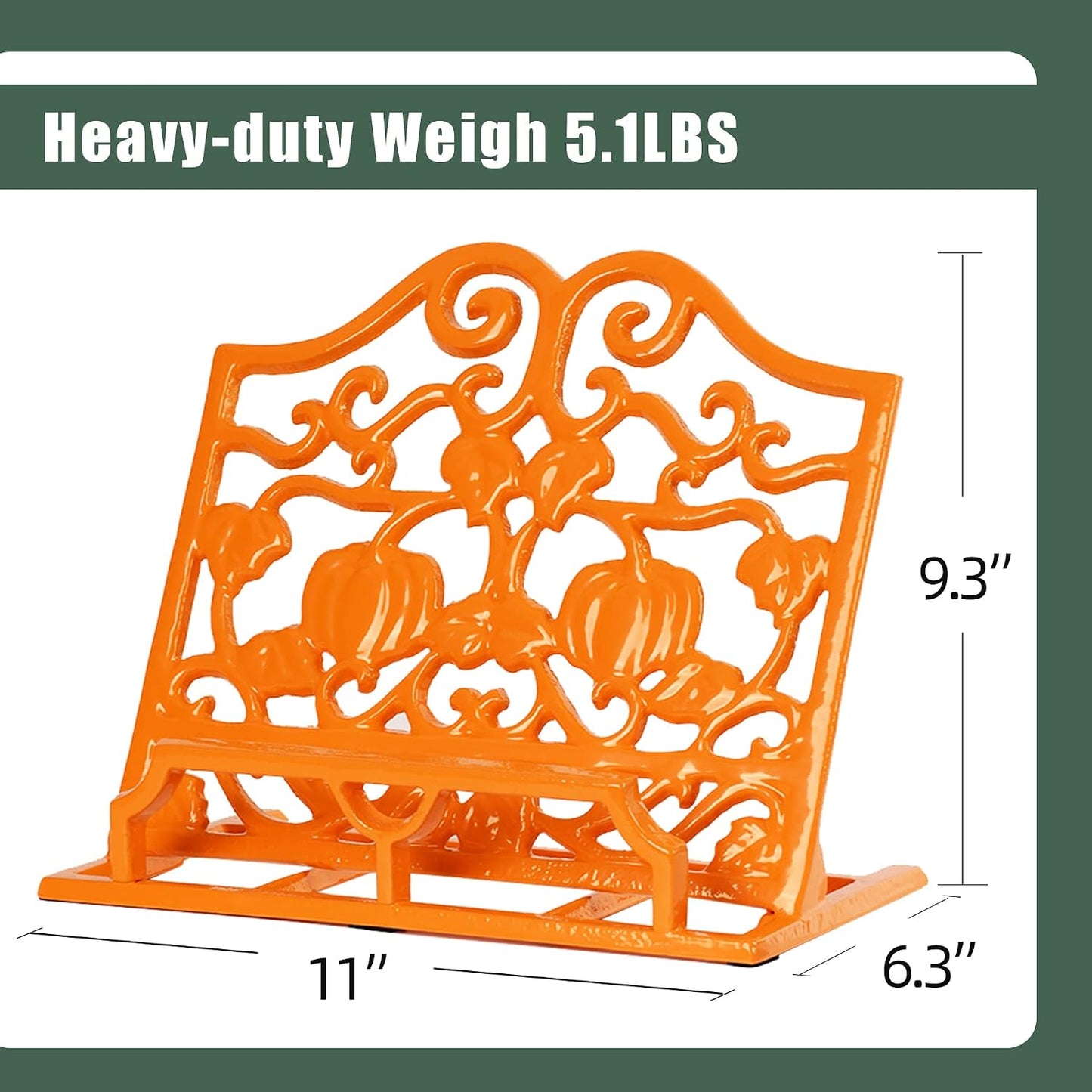Vintage Cookbook Stand, Robust Wrought Cast Iron Recipe Book Holder for Kitchen Counter, Large Metal Cook Book Stand