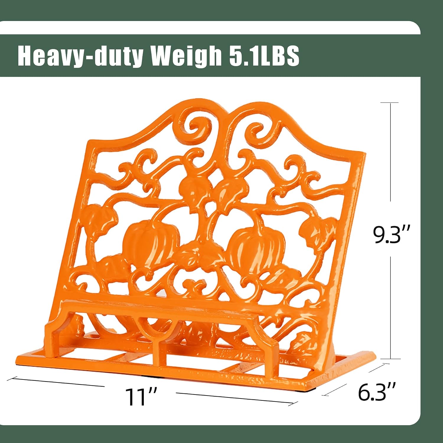 Vintage Cookbook Stand, Robust Wrought Cast Iron Recipe Book Holder for Kitchen Counter, Large Metal Cook Book Stand