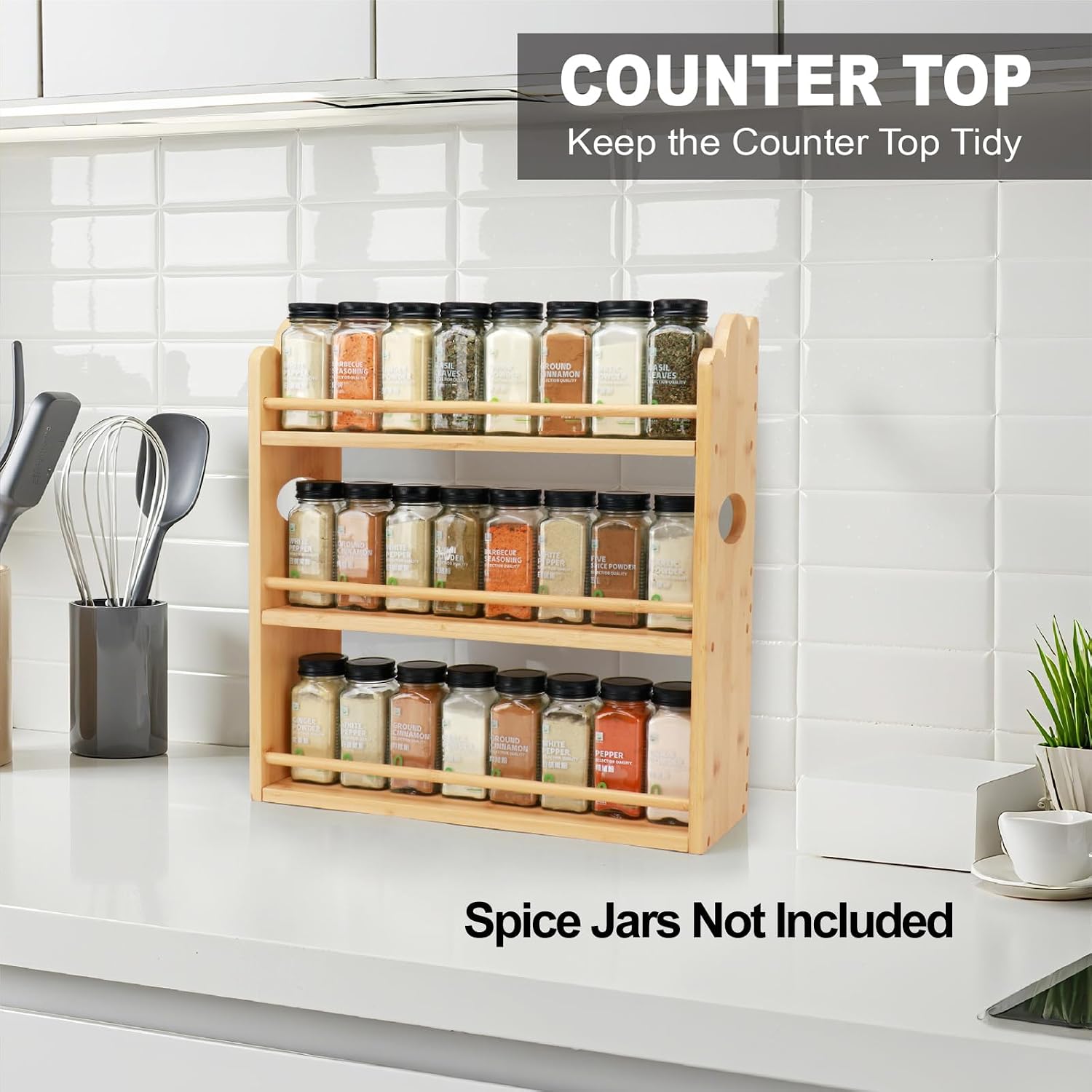 3-Tier Bamboo Spice Rack, Wall Mount & Countertop Spice Organizer | Seasoning Jars Rack Shelf Spice Organizer for