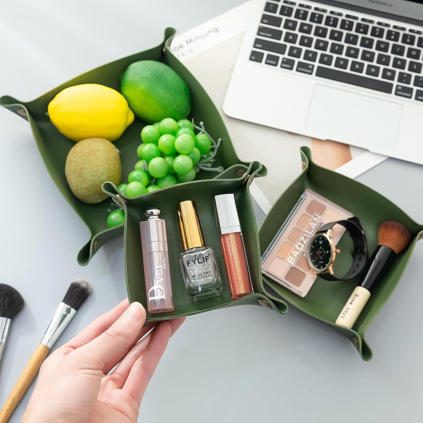 3 packs PU Leather Tray in 3 Sizes Jewelry Tray Glossy Leather Desk Organizer / Avocado Green