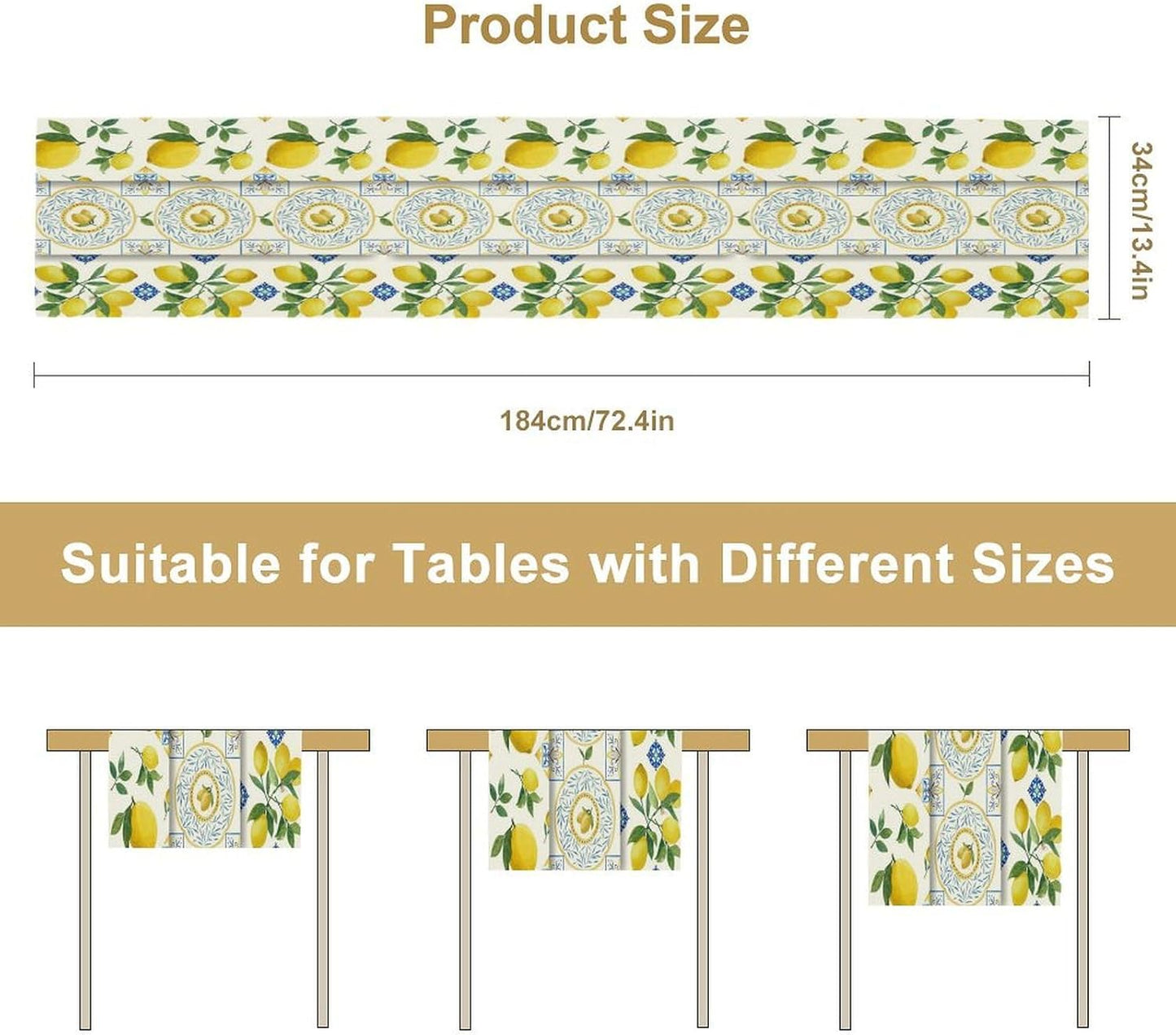 Lemon Table Runner,Summer Blue Tiles Lemons Pattern Printed Linen Table Runner for Home Kitchen Dining Table