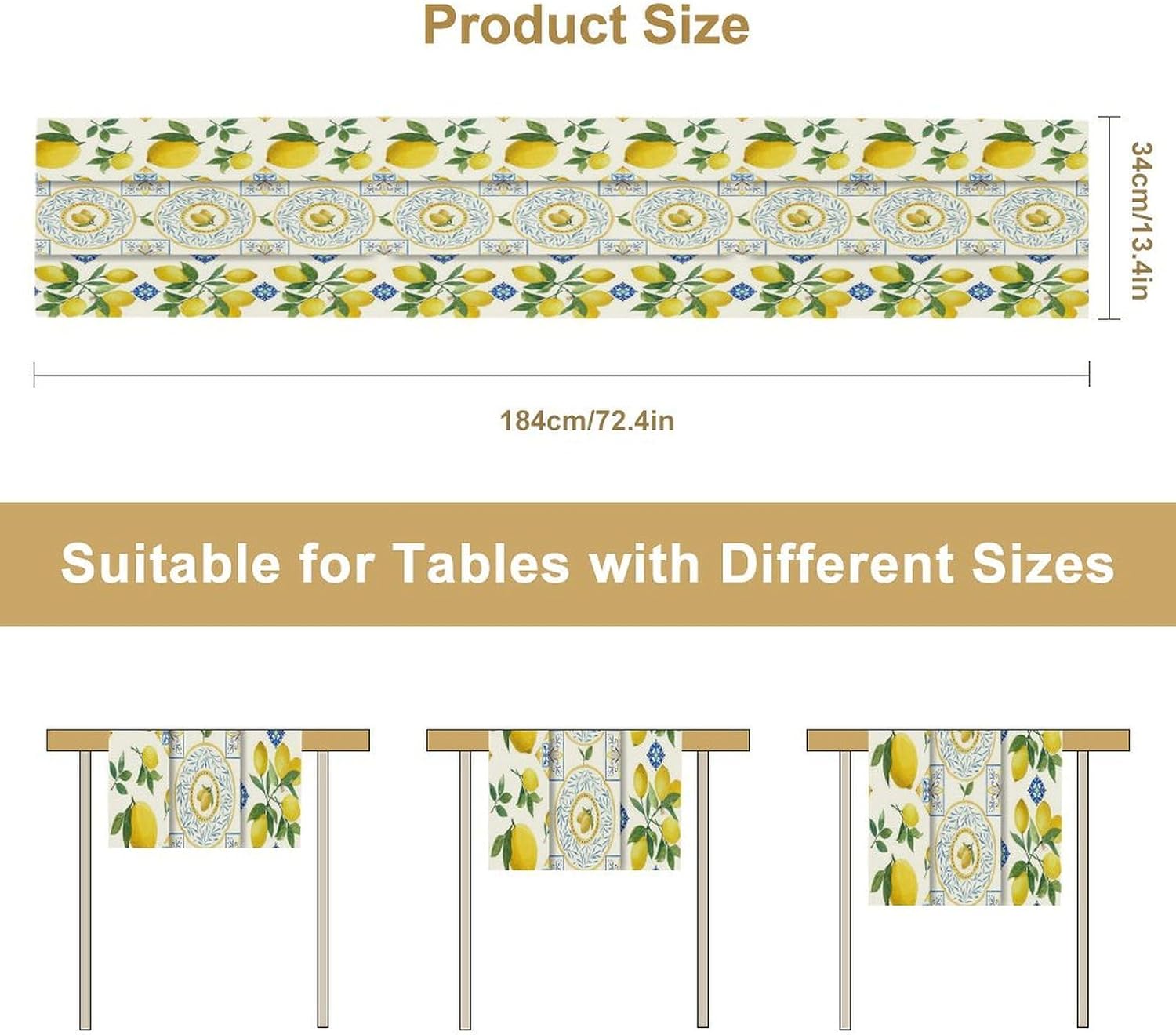 Lemon Table Runner,Summer Blue Tiles Lemons Pattern Printed Linen Table Runner for Home Kitchen Dining Table