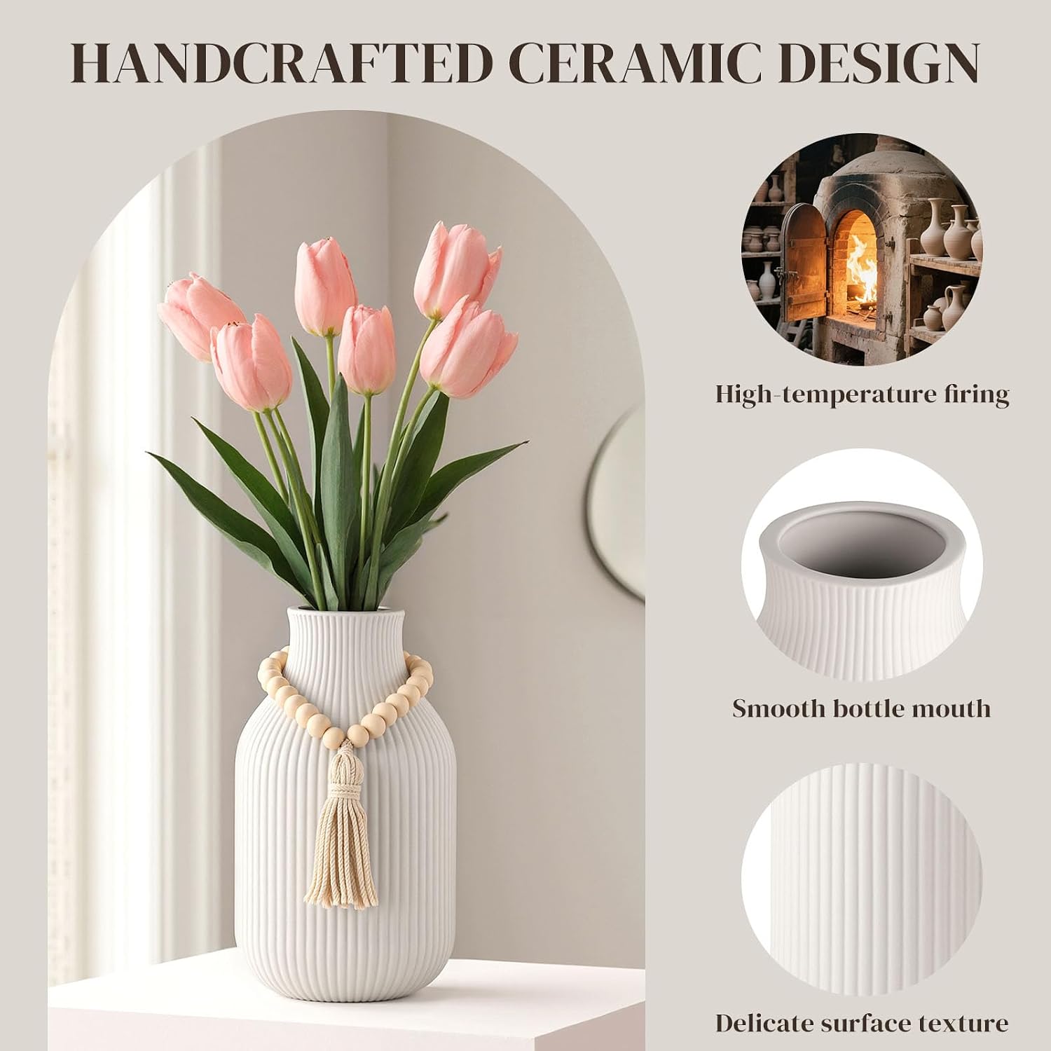 Ceramic Vase / Boho Ribbed Vase / White / 7.9 Inch