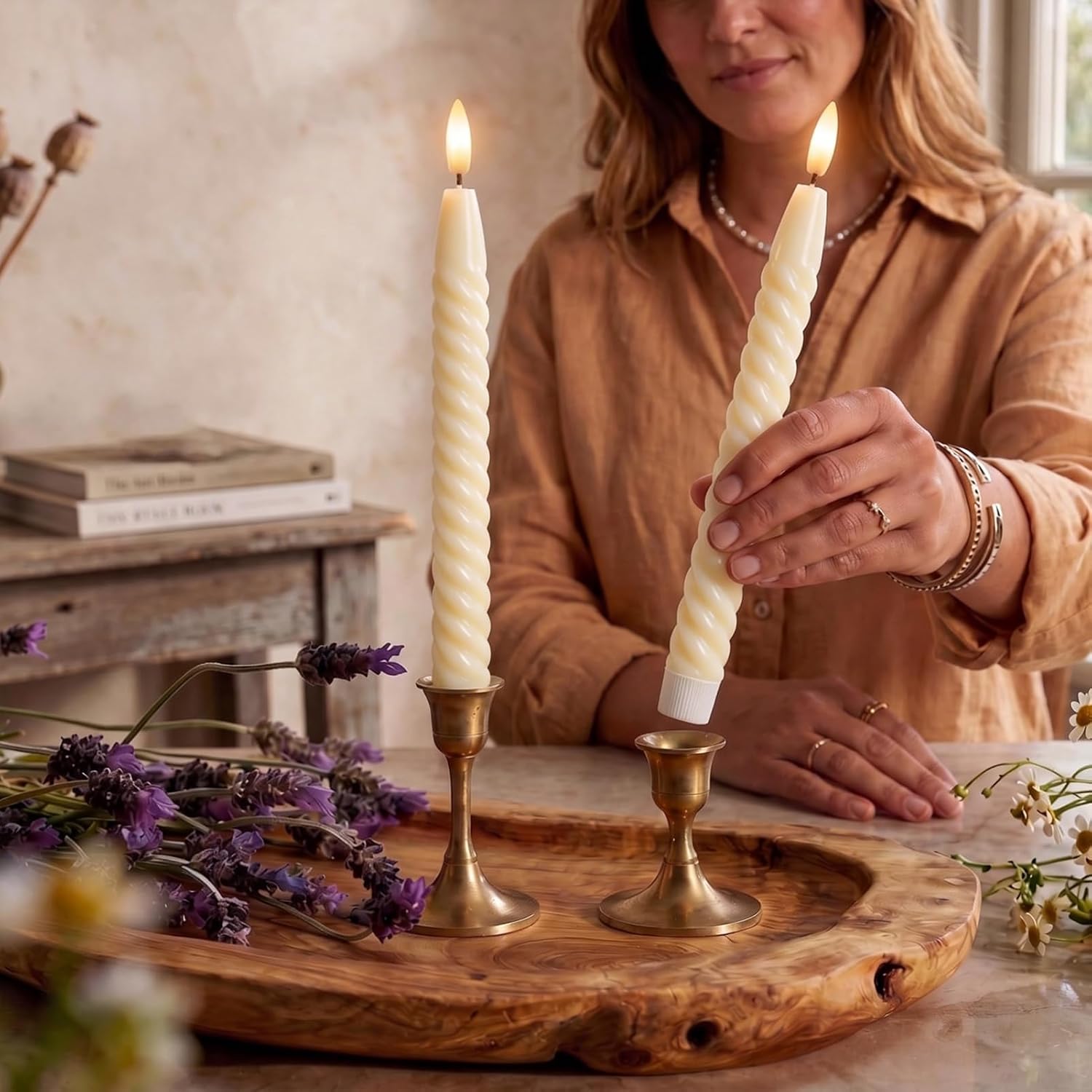 Ivory Flameless Taper Candles Flickering with Remote Timer | LED Spiral Taper Candles, Flameless Candlesticks, Battery