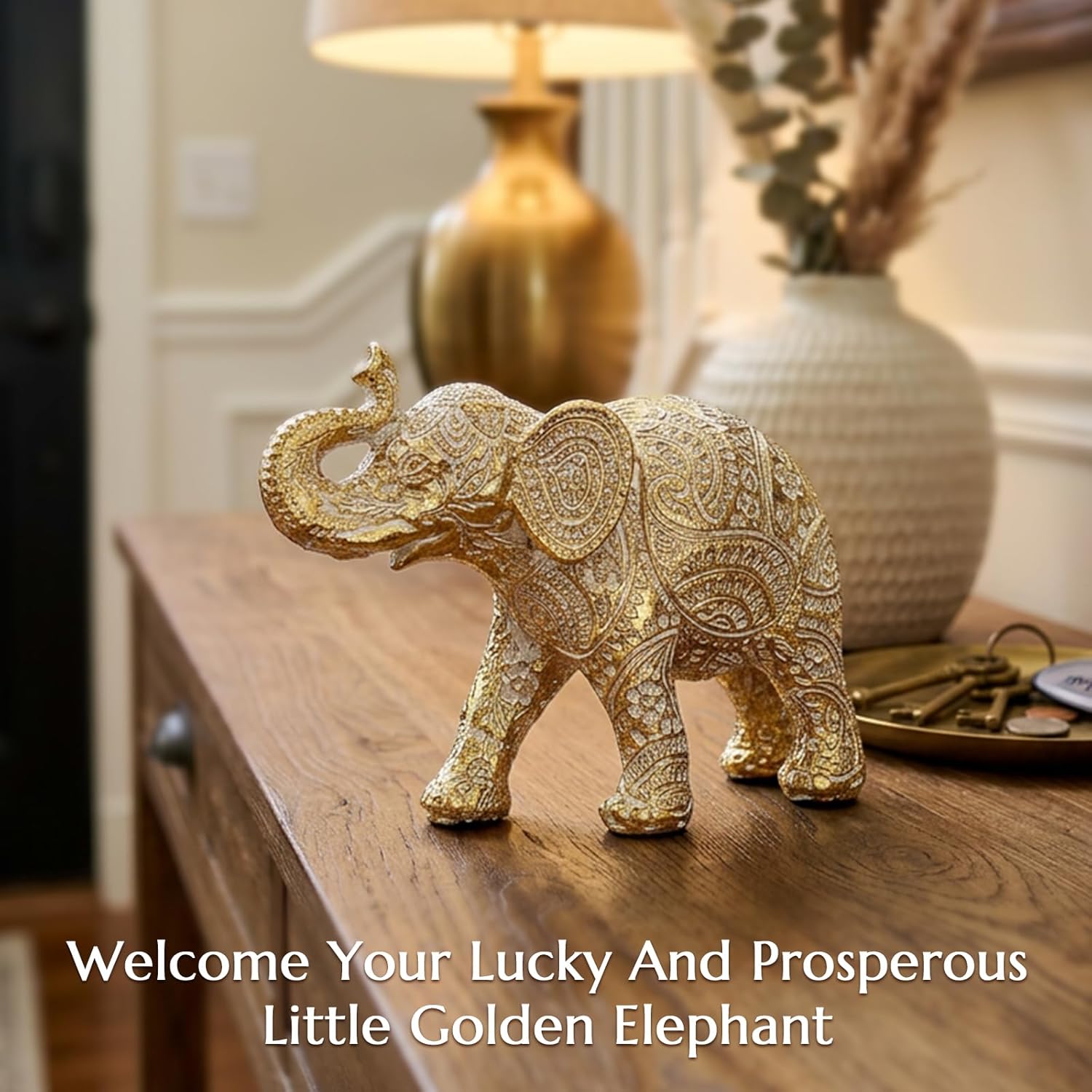 Elephant Statue Boho Home Decor Paisley Filigree Accent / Filigree Gold