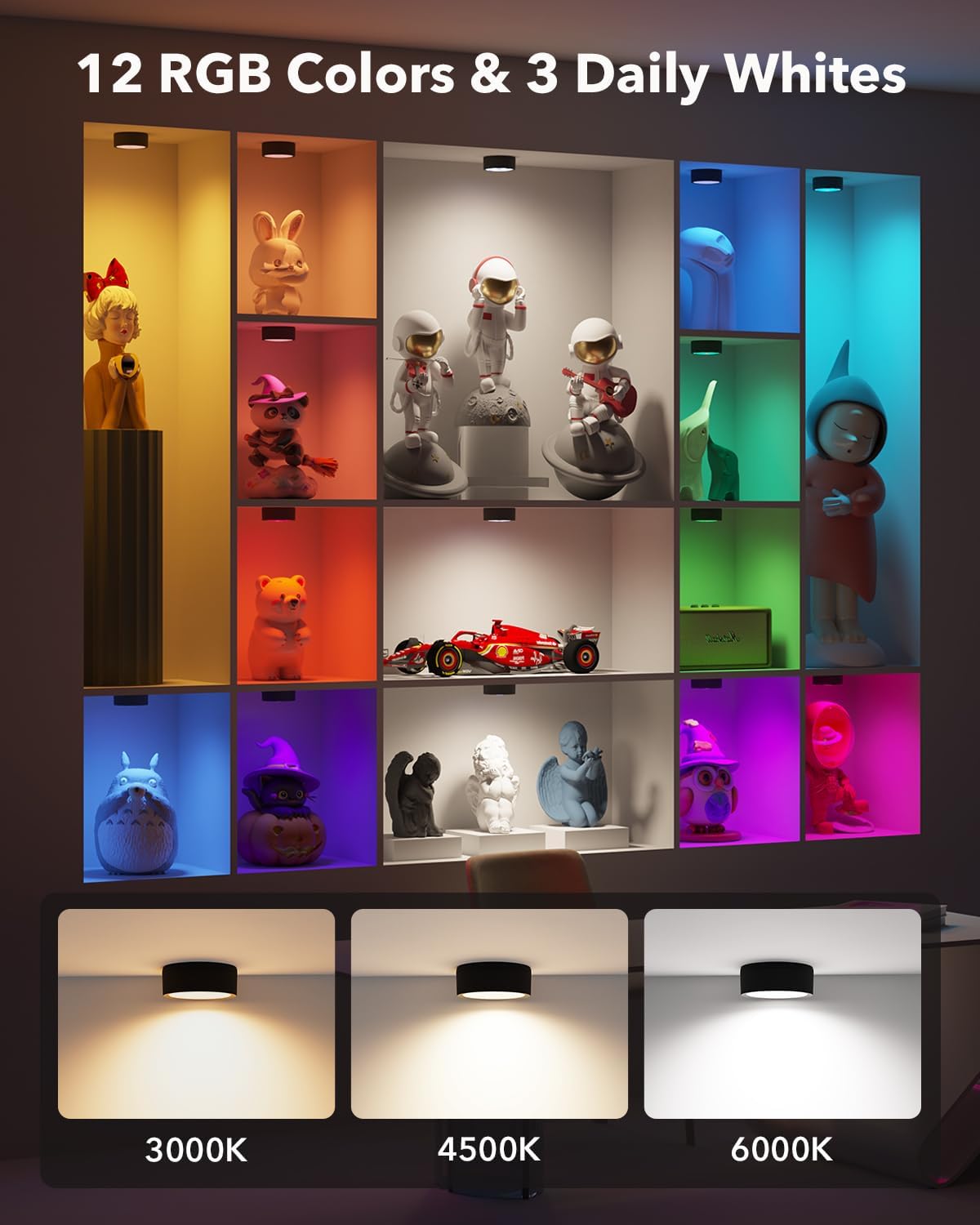 2400mAh Rechargeable Puck Lights with Remote, RGB Under Shelf Light | USB-C Charging, Color Changing, Timer, Tap