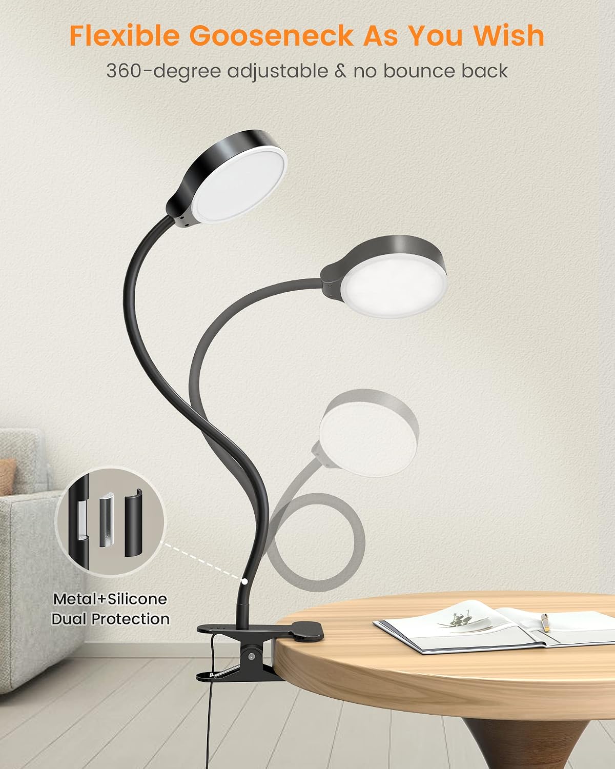 Glocusent 5W Clip on Light, 3 Colors & 5 Brightness Reading Light for Bed | Flexible Gooseneck Clip on Lamp, 30-Min