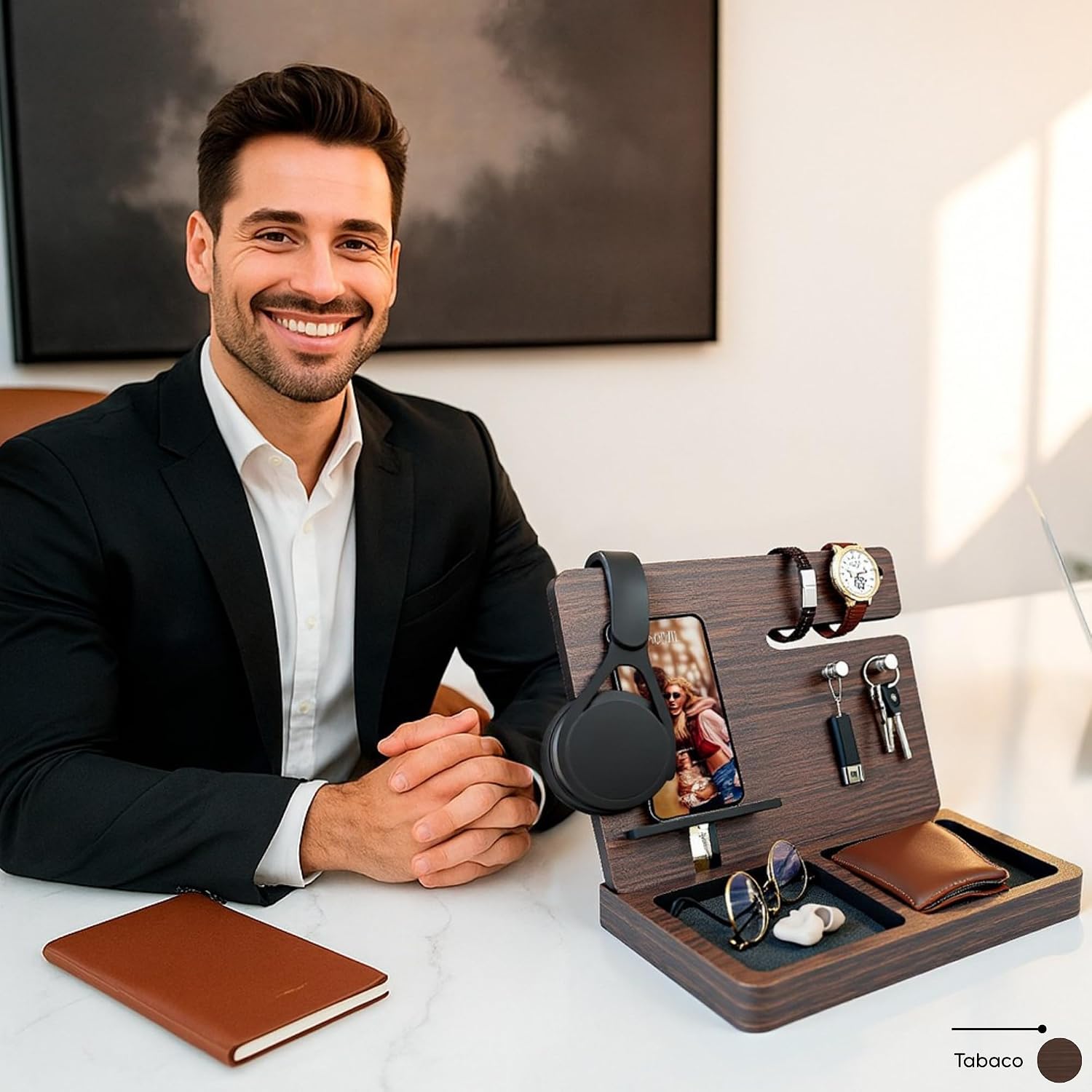 Namore Nightstand Organizer for Men – Wood Phone Docking Station & Bedside Valet Tray Organizer for Wallet, Watch &